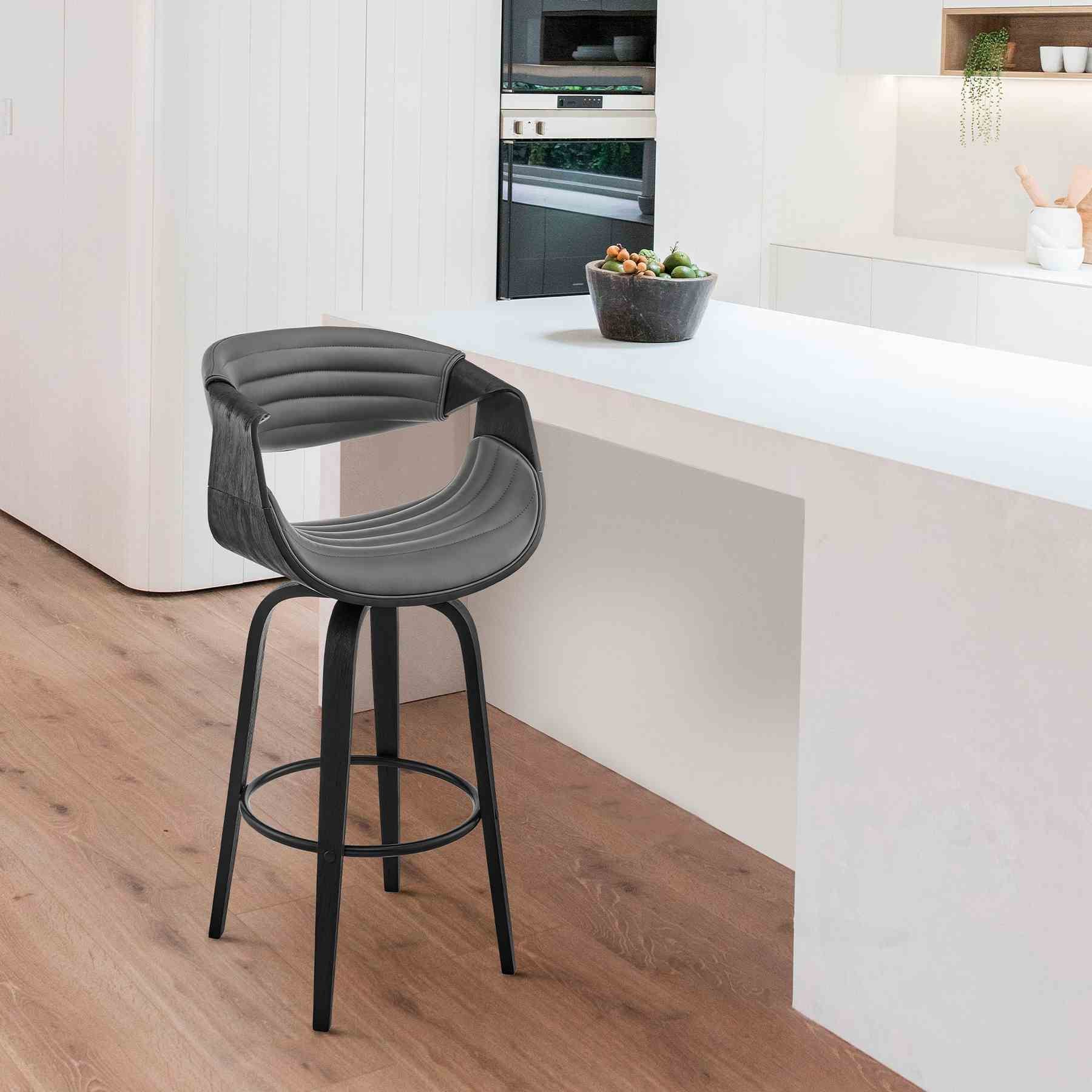 Arya 30" Swivel Bar Stool in Gray Faux Leather and Black Wood - Image 9