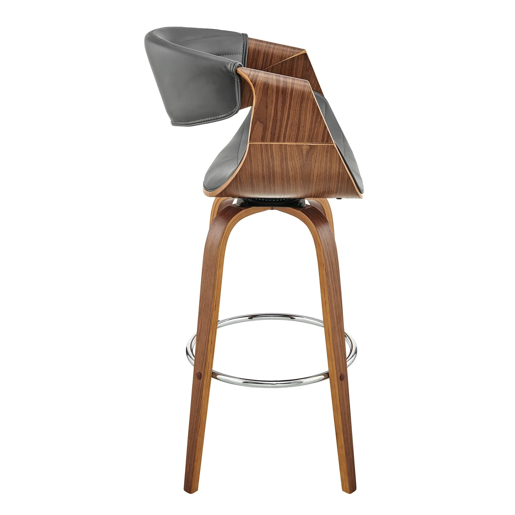 Arya 30" Swivel Bar Stool in Gray Faux Leather and Walnut Wood - Image 3
