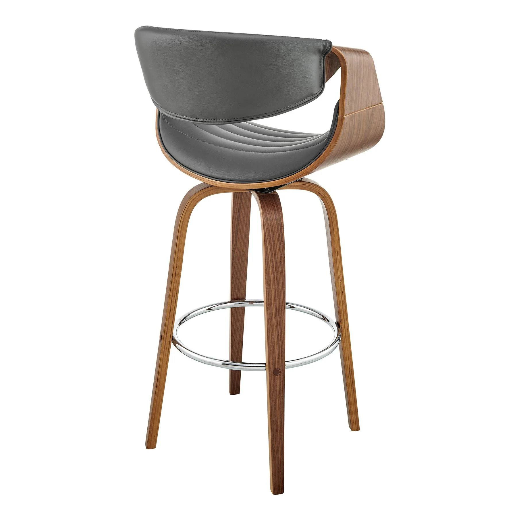 Arya 30" Swivel Bar Stool in Gray Faux Leather and Walnut Wood - Image 4