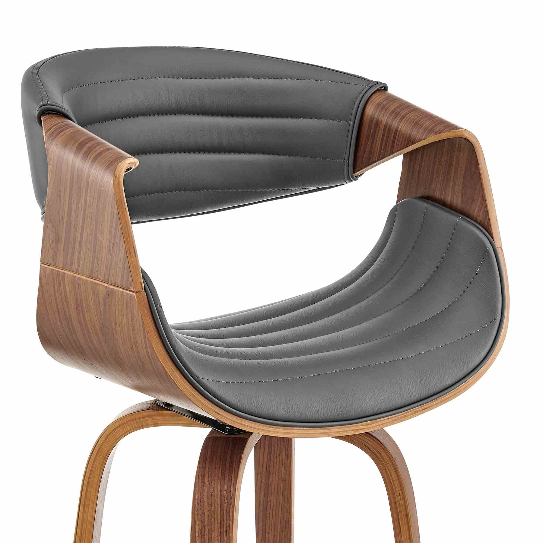 Arya 30" Swivel Bar Stool in Gray Faux Leather and Walnut Wood - Image 6