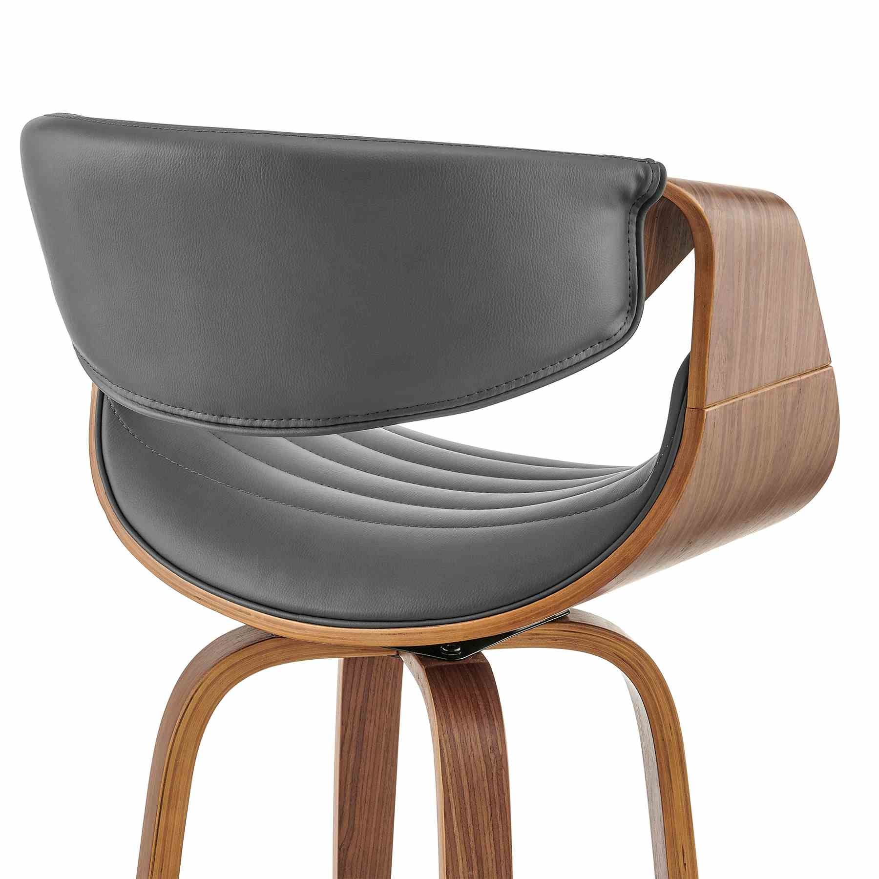 Arya 30" Swivel Bar Stool in Gray Faux Leather and Walnut Wood - Image 7