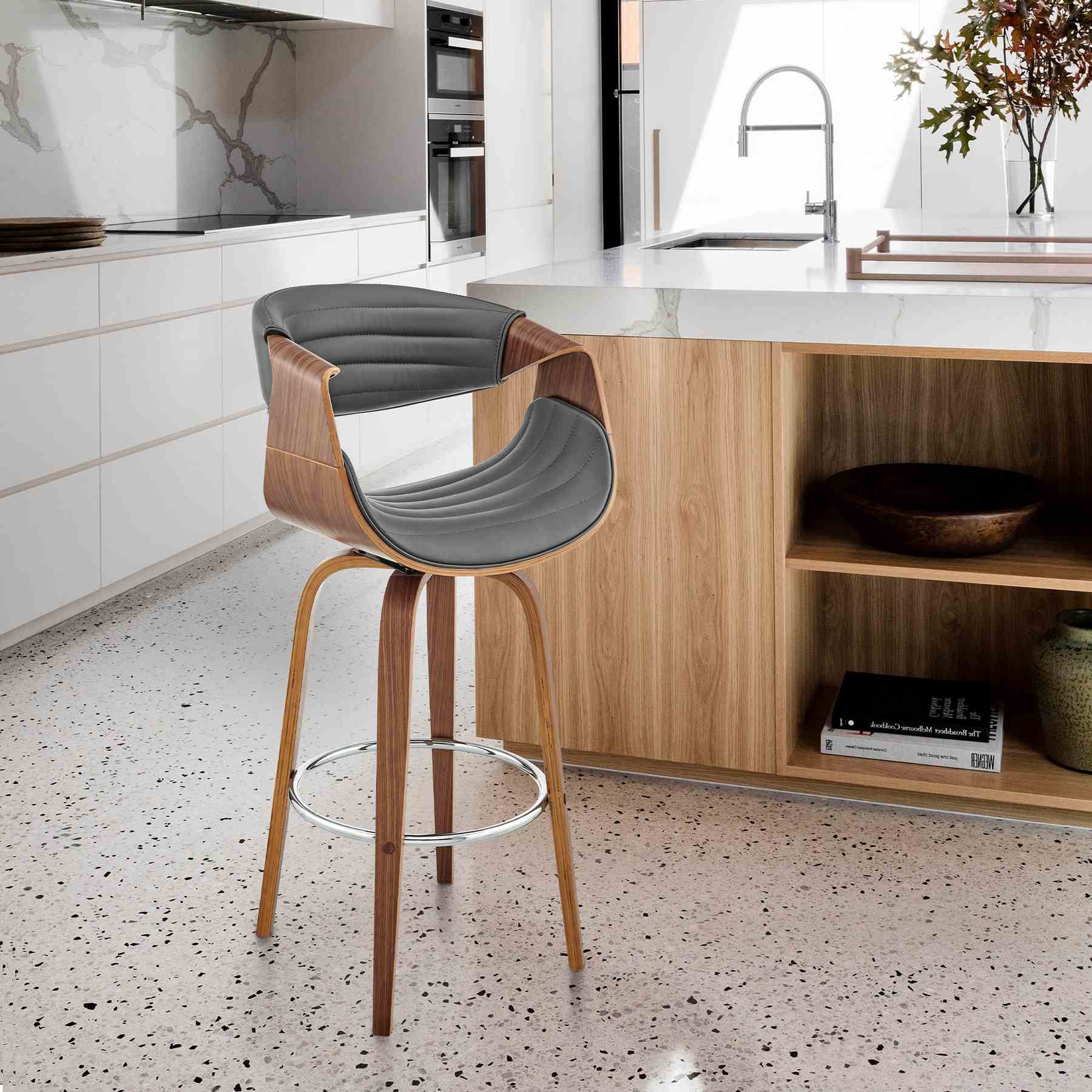 Arya 30" Swivel Bar Stool in Gray Faux Leather and Walnut Wood - Image 9