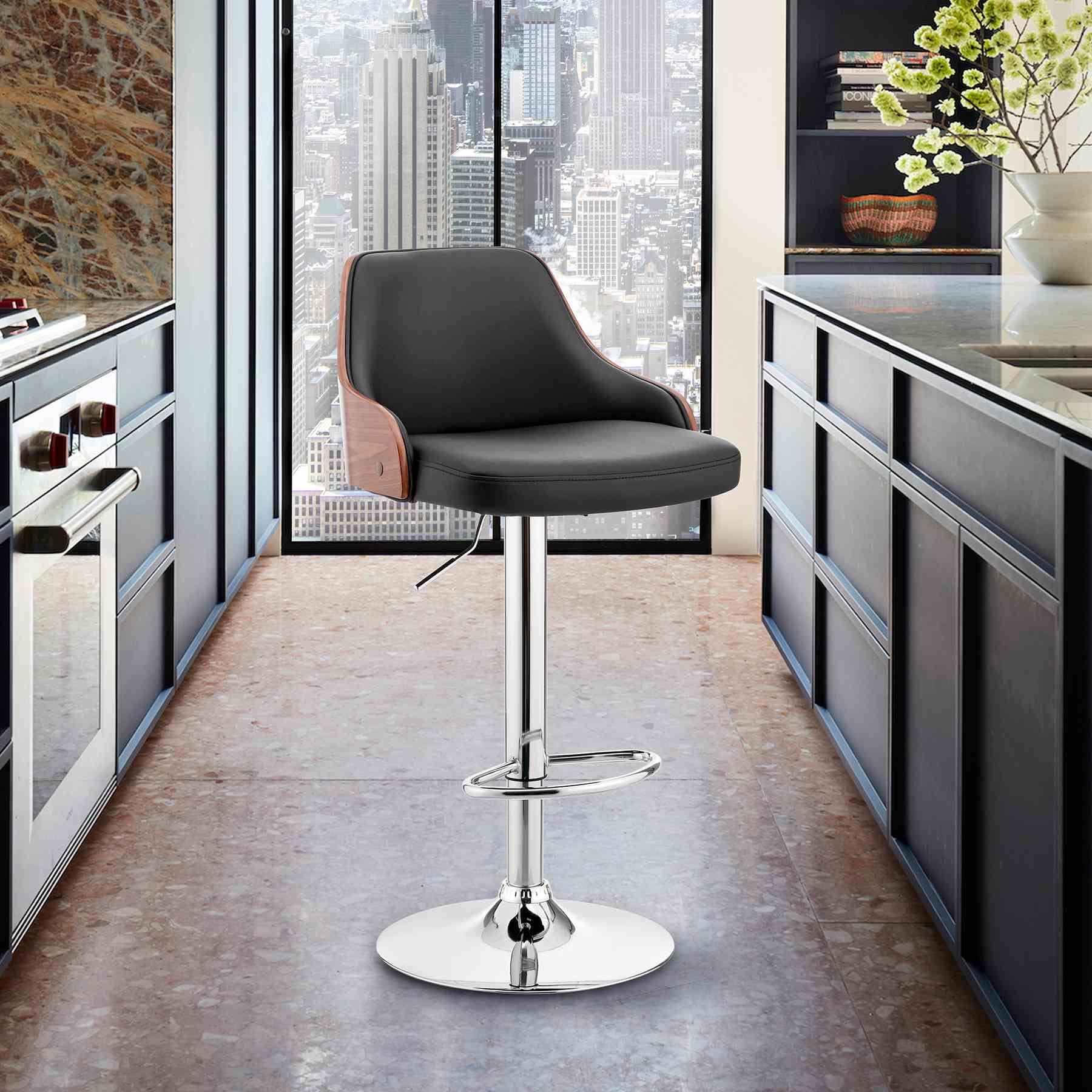 Asher Adjustable Black Faux Leather and Chrome Finish Bar Stool - Image 11