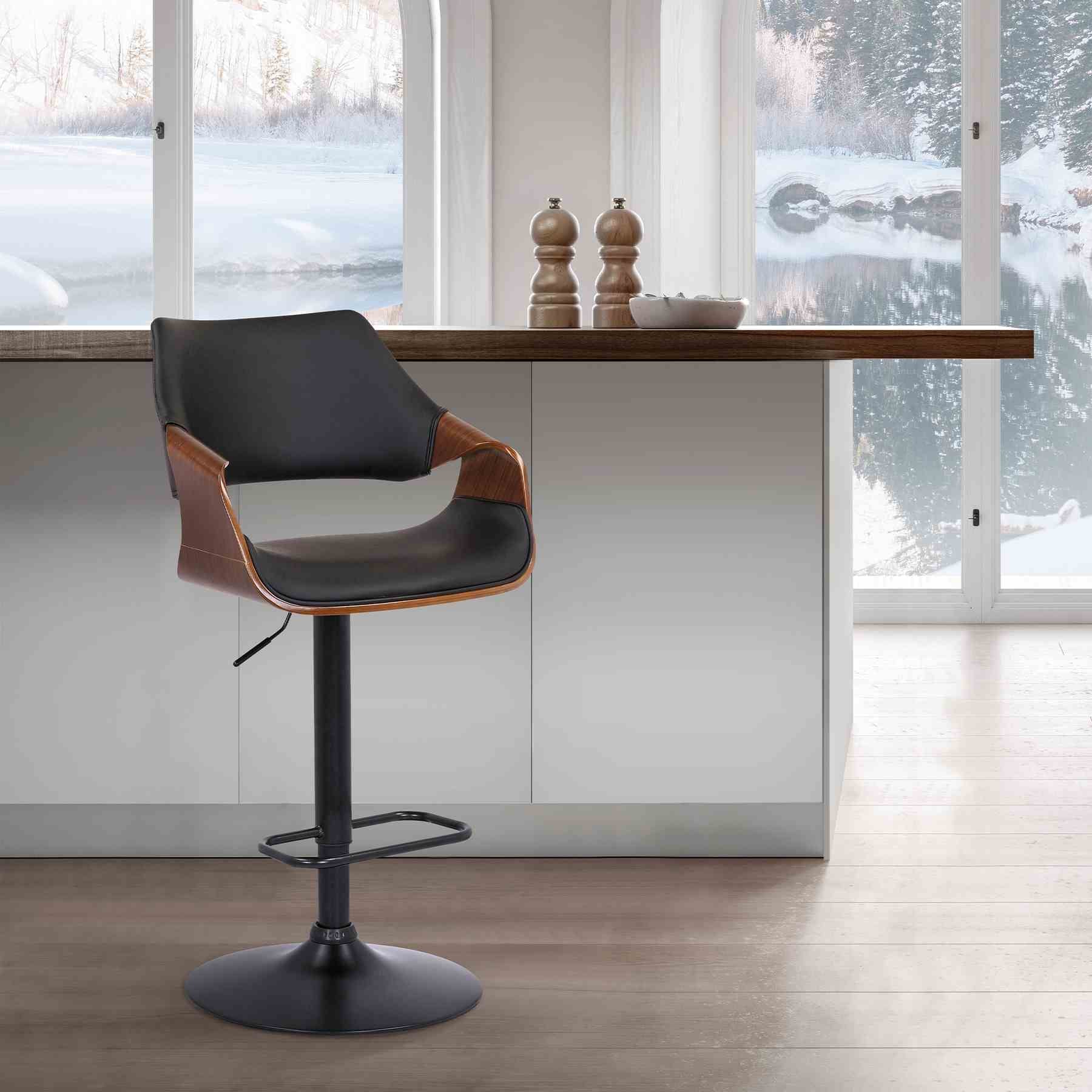 Aspen Adjustable Swivel Black Faux Leather and Walnut Wood Bar Stool with Black Base - Image 10