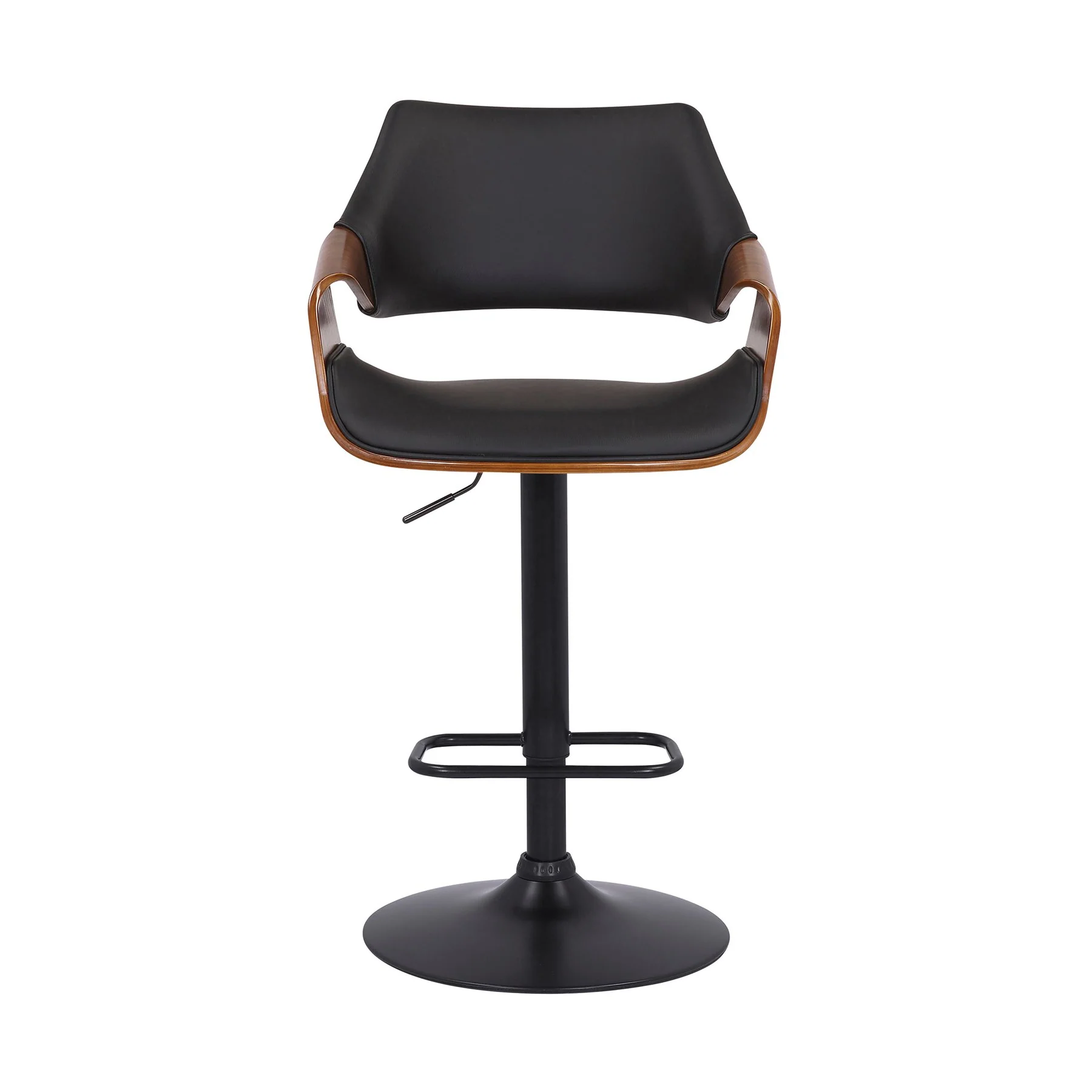 Aspen Adjustable Swivel Black Faux Leather and Walnut Wood Bar Stool with Black Base - Image 2