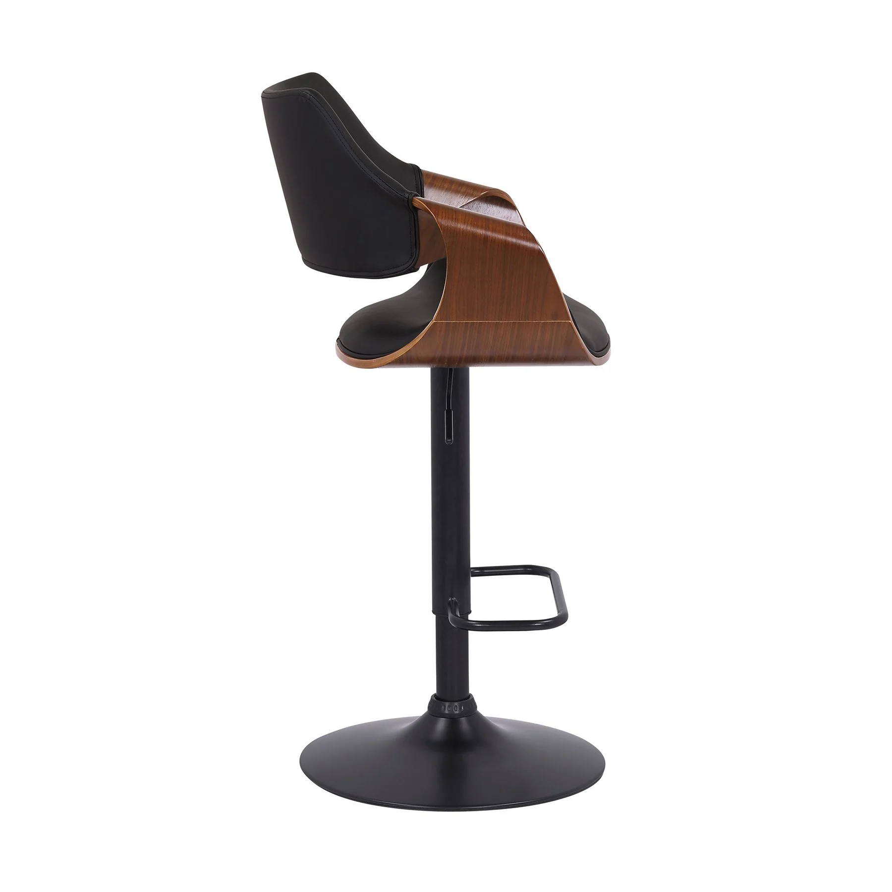 Aspen Adjustable Swivel Black Faux Leather and Walnut Wood Bar Stool with Black Base - Image 3
