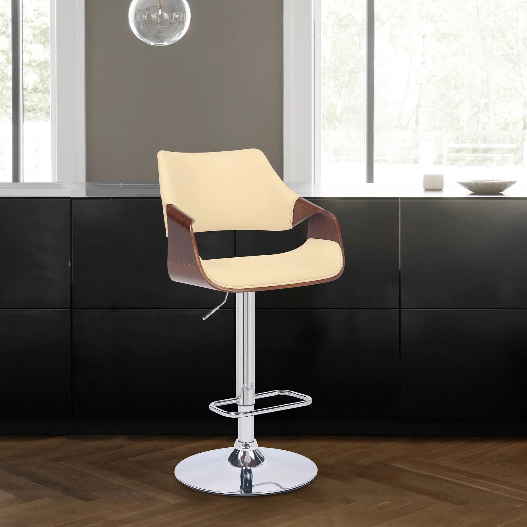 Aspen Adjustable Swivel Cream Faux Leather and Walnut Wood Bar Stool with Chrome Base - Image 10