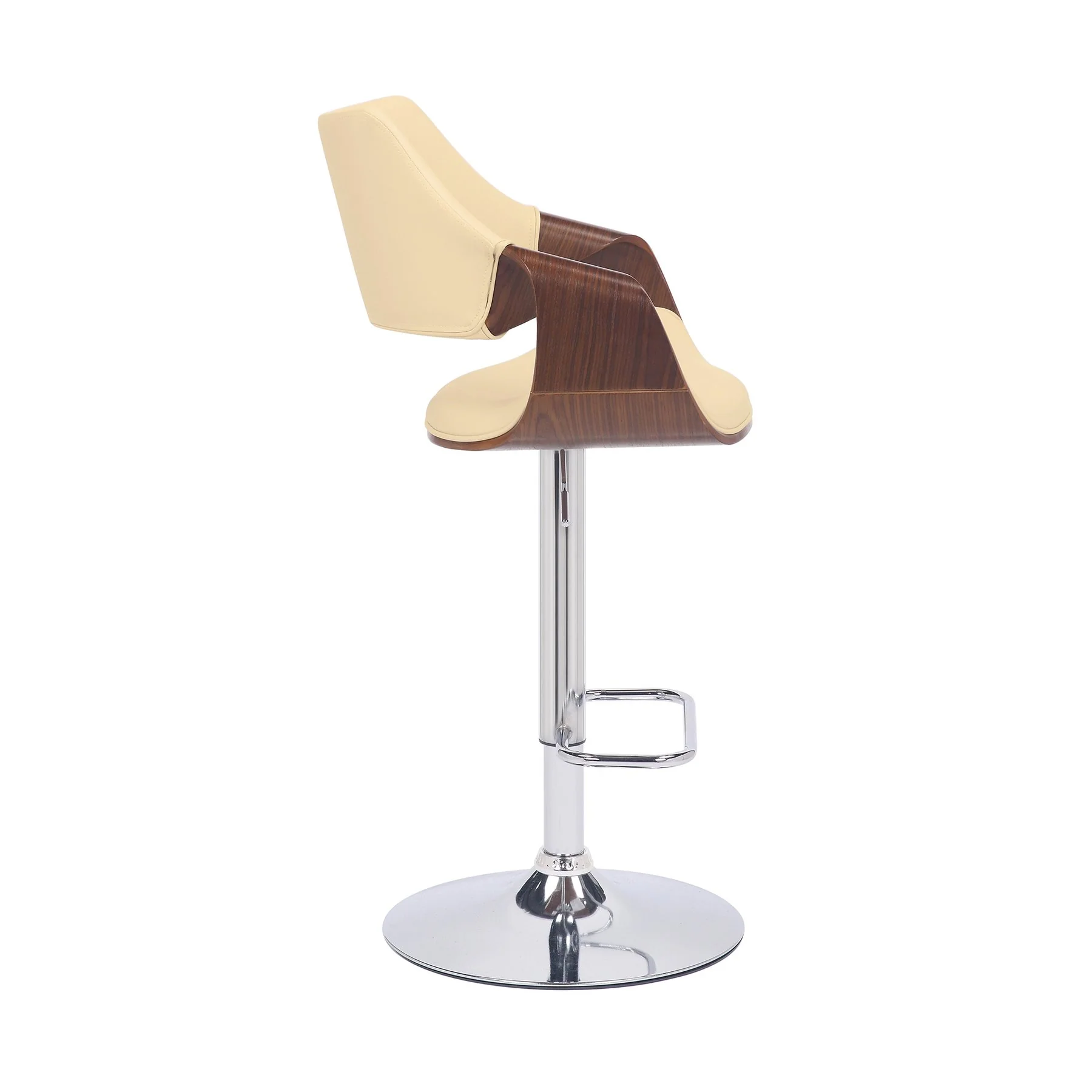 Aspen Adjustable Swivel Cream Faux Leather and Walnut Wood Bar Stool with Chrome Base - Image 3