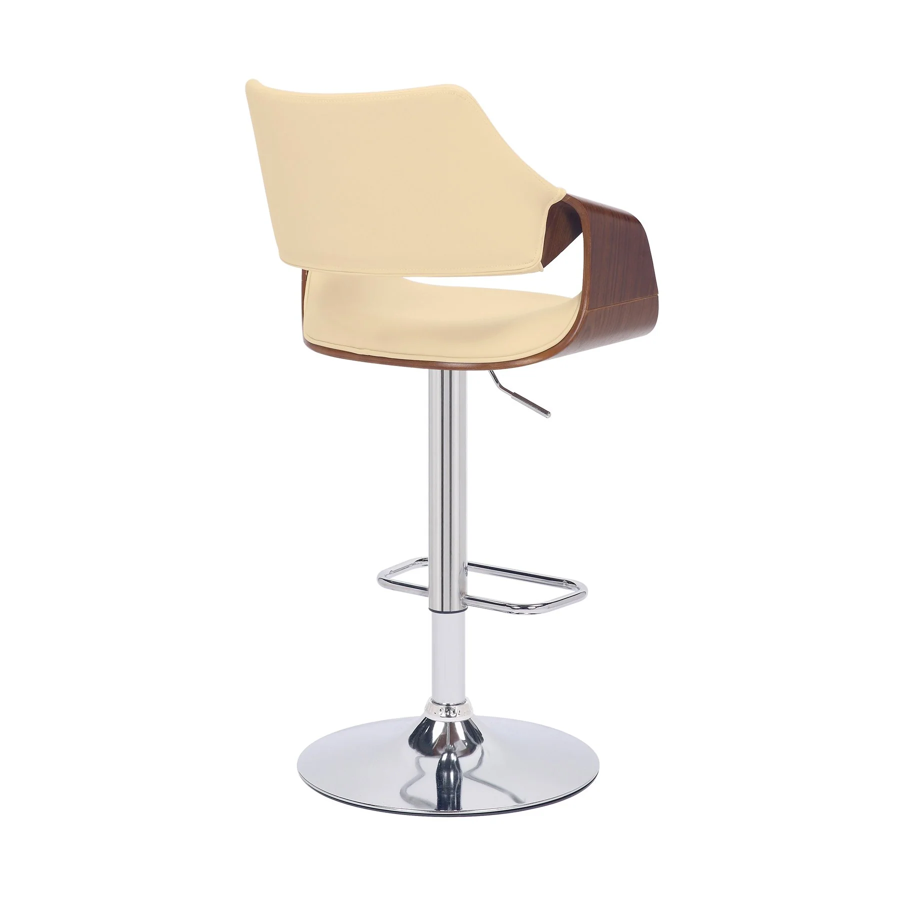 Aspen Adjustable Swivel Cream Faux Leather and Walnut Wood Bar Stool with Chrome Base - Image 4