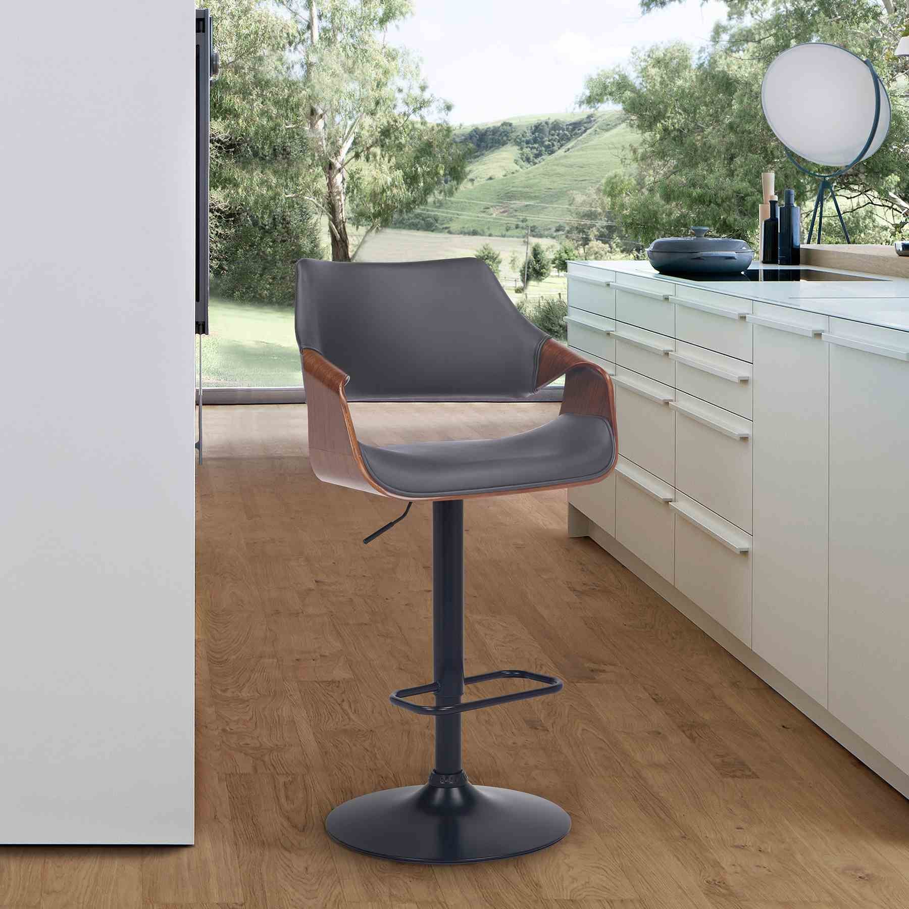 Aspen Adjustable Swivel Gray Faux Leather and Walnut Wood Bar Stool with Black Base - Image 10