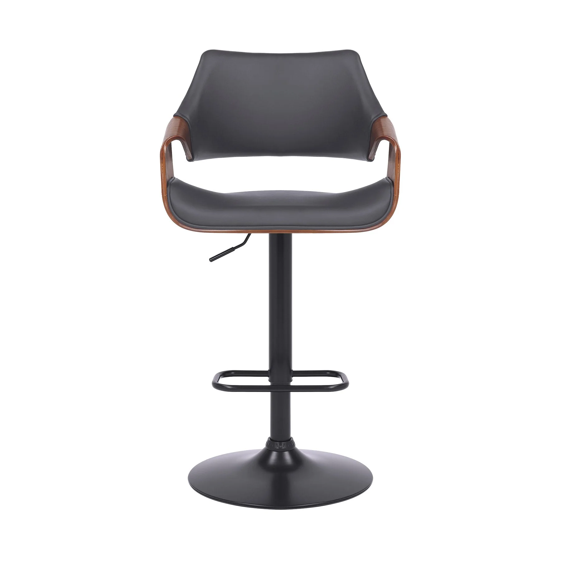 Aspen Adjustable Swivel Gray Faux Leather and Walnut Wood Bar Stool with Black Base - Image 2