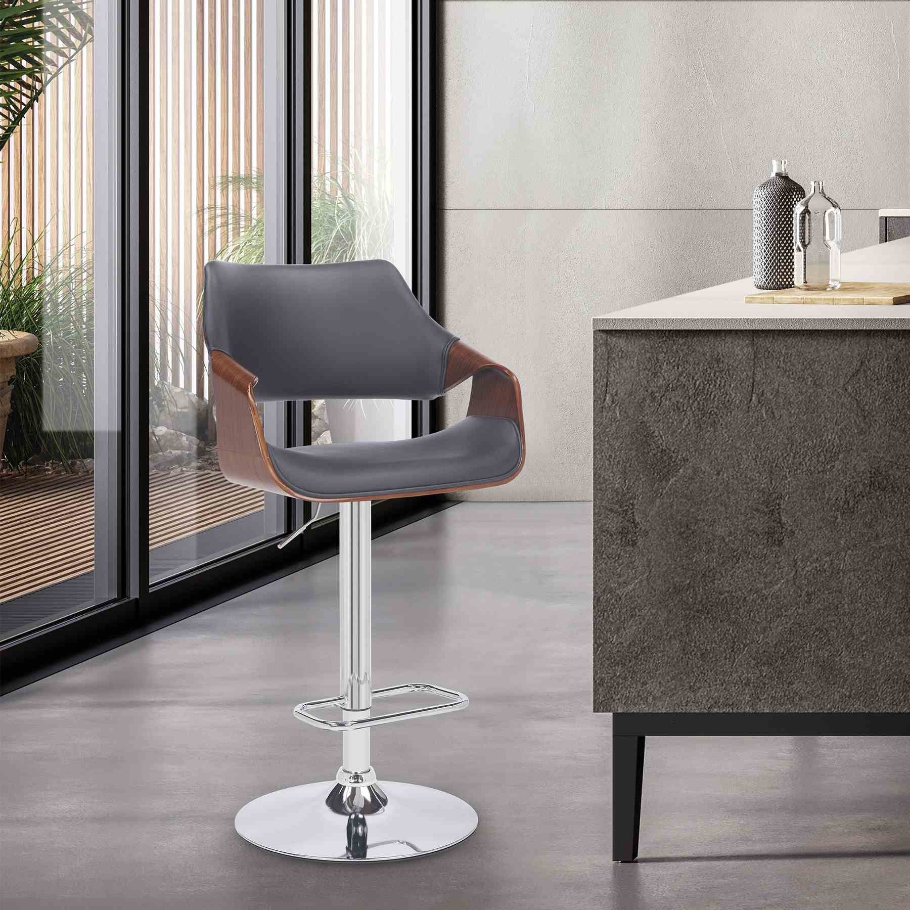 Aspen Adjustable Swivel Gray Faux Leather and Walnut Wood Bar Stool with Chrome Base - Image 10