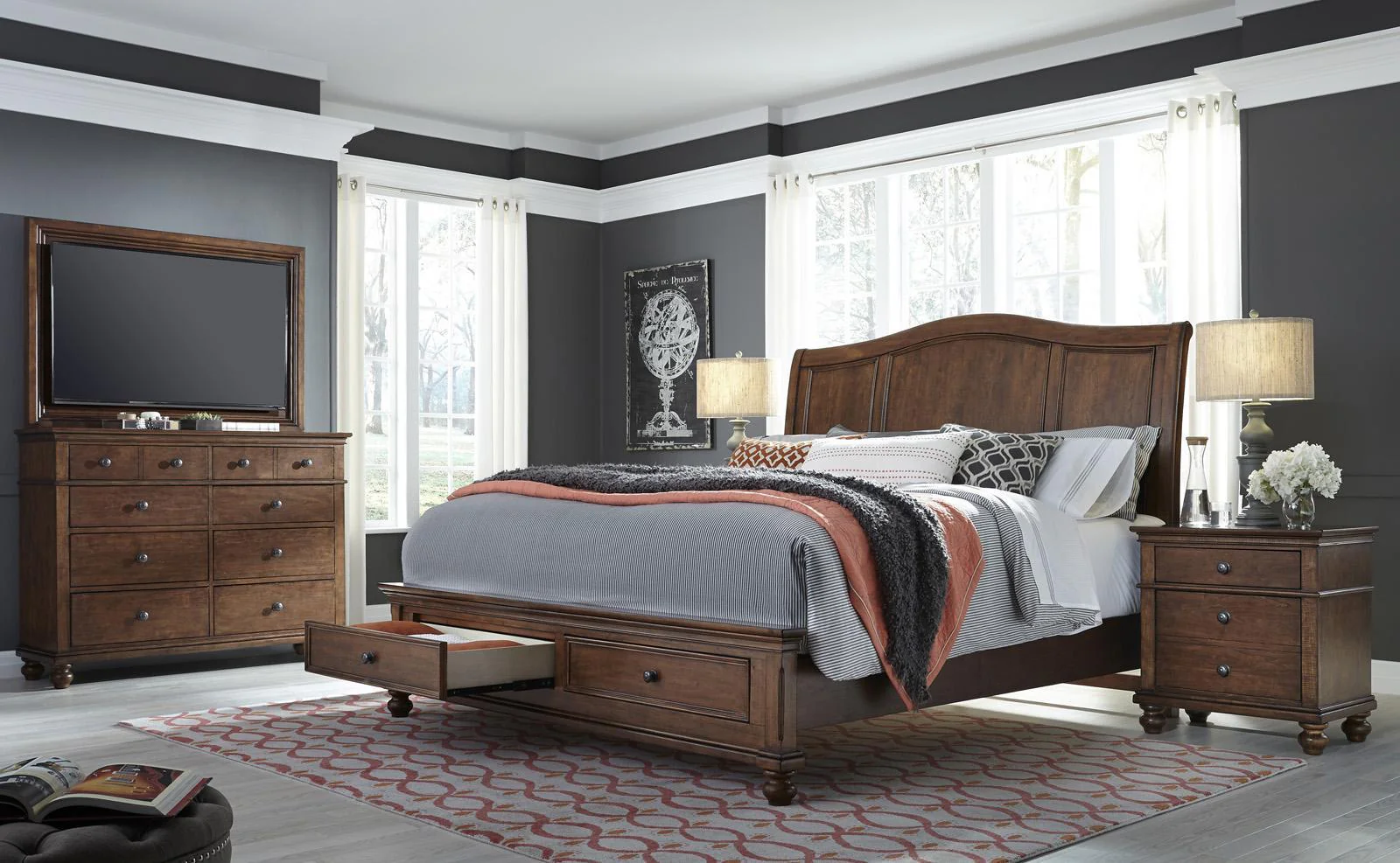 Aspenhome Oxford Queen Sleigh Storage Bed in Whiskey Brown - Image 2
