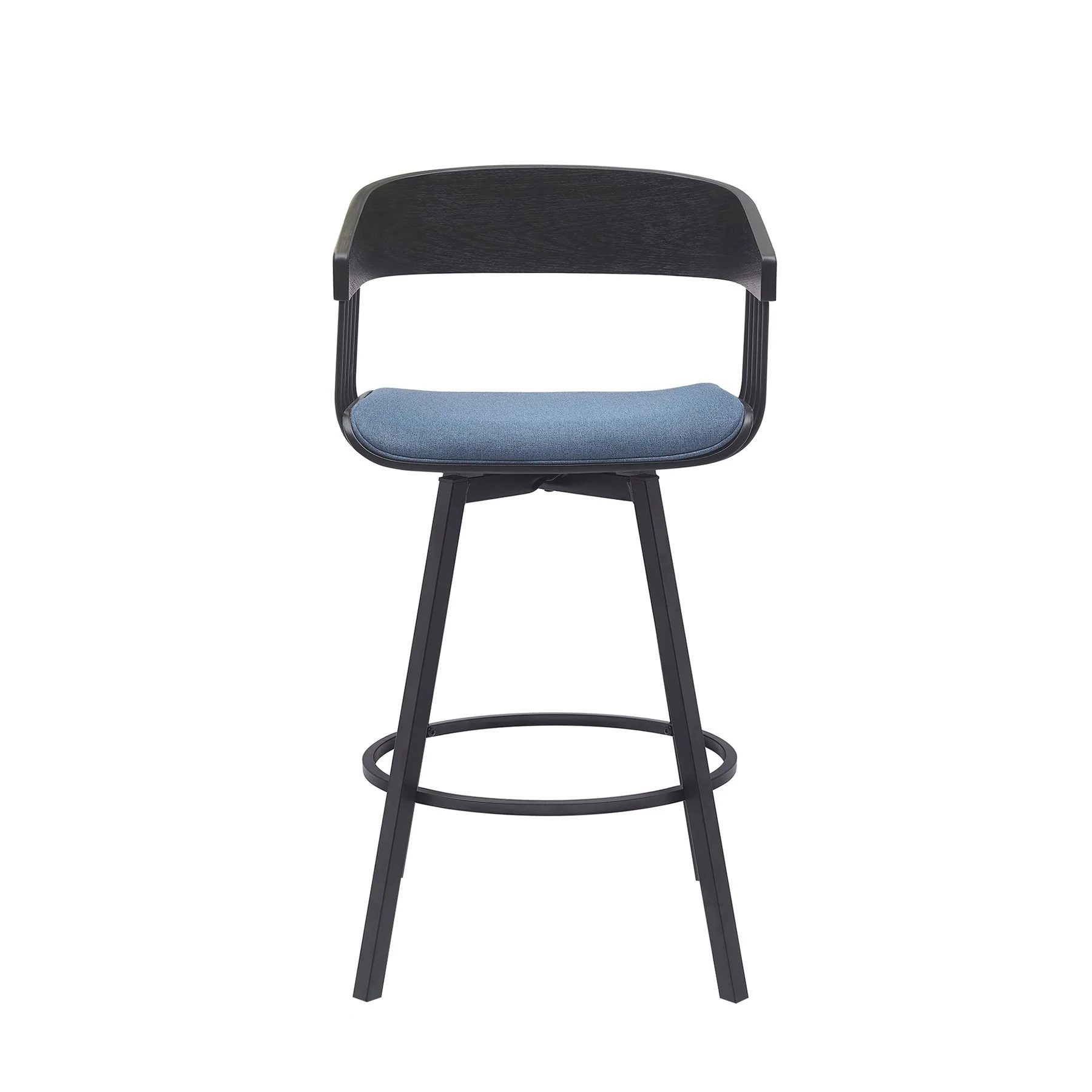 Athena 27" Swivel Black Wood Counter Stool in Blue Fabric with Black Metal - Image 2