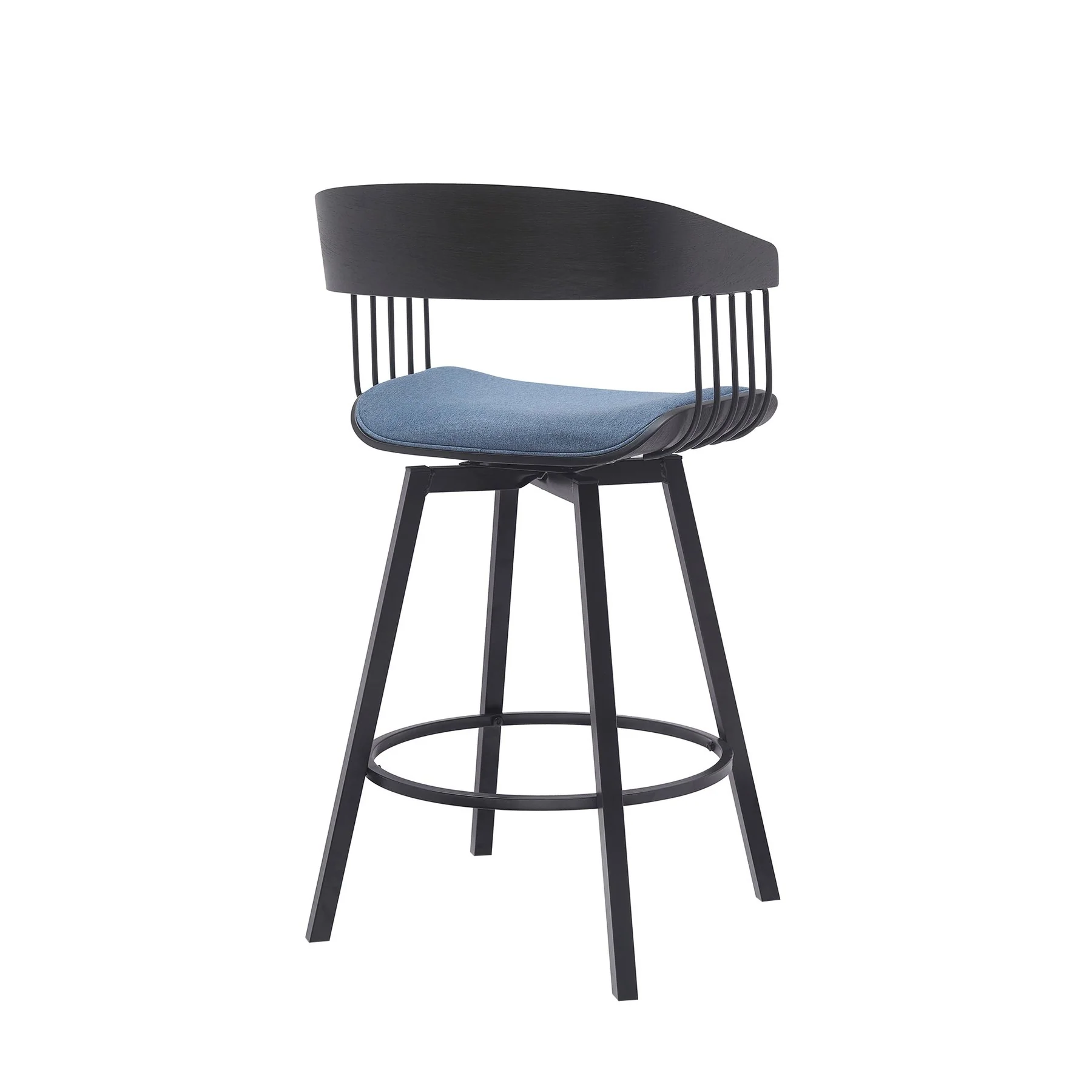 Athena 27" Swivel Black Wood Counter Stool in Blue Fabric with Black Metal - Image 3