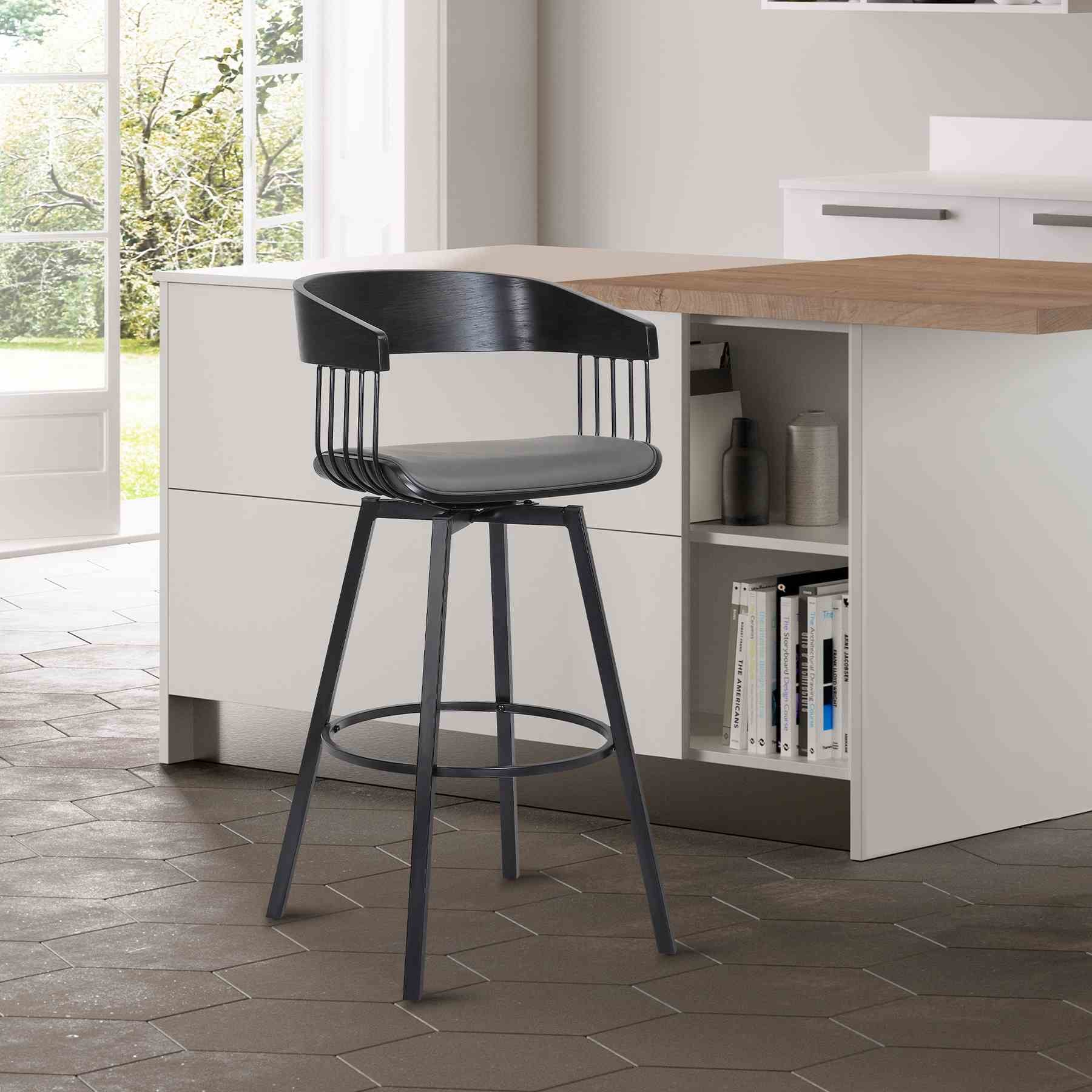 Athena 27" Swivel Black Wood Counter Stool in Gray Faux Leather with Black Metal - Image 10