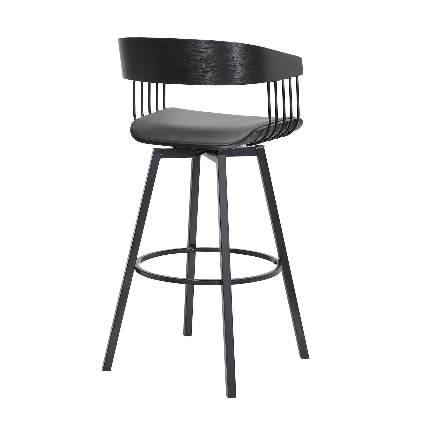 Athena 27" Swivel Black Wood Counter Stool in Gray Faux Leather with Black Metal - Image 4