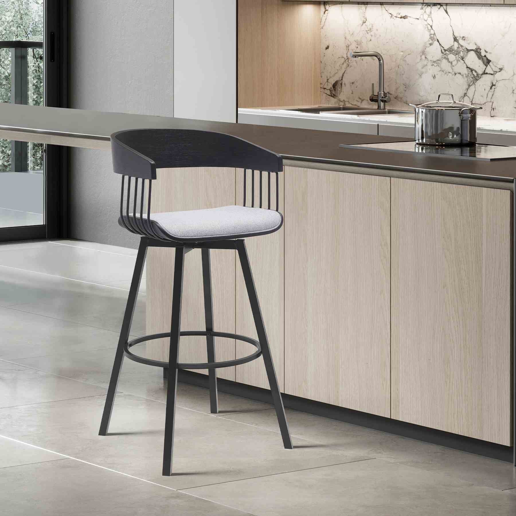 Athena 27" Swivel Black Wood Counter Stool in Light Gray Fabric with Black Metal - Image 8
