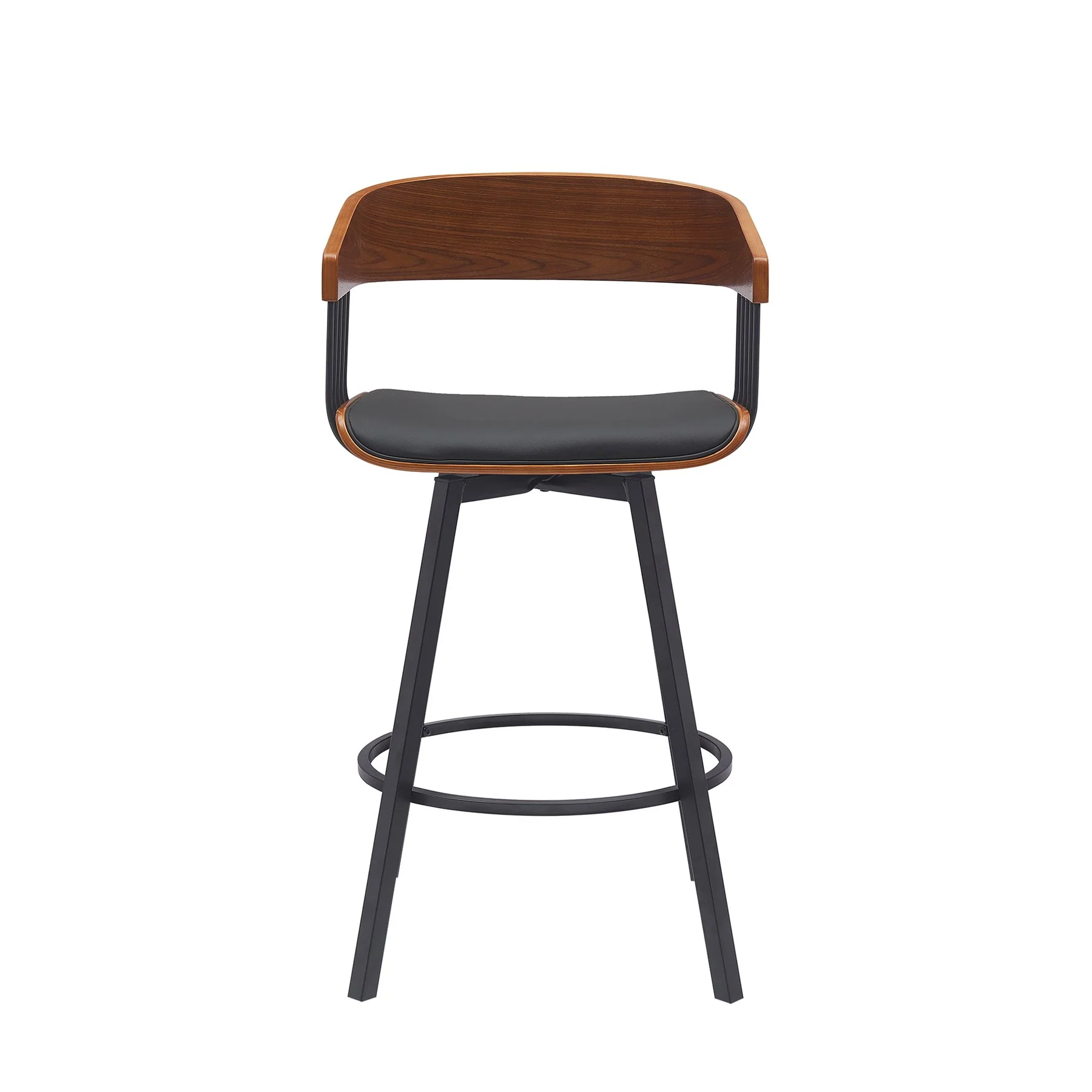 Athena 27" Swivel Walnut Wood Counter Stool in Black Faux Leather with Black Metal - Image 2