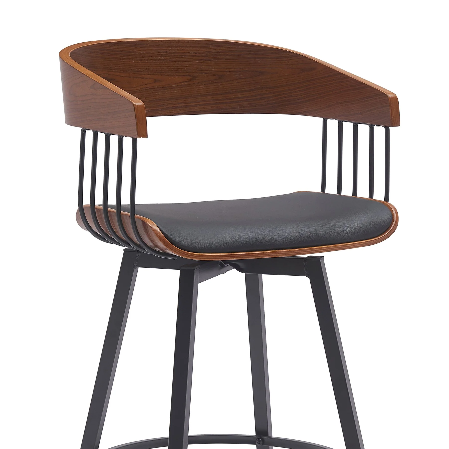 Athena 27" Swivel Walnut Wood Counter Stool in Black Faux Leather with Black Metal - Image 4