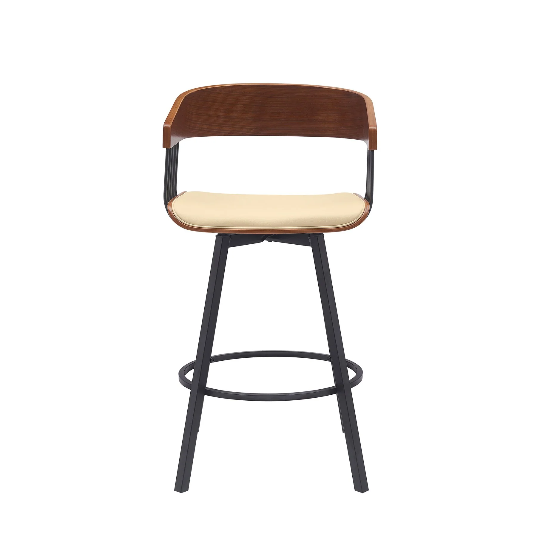 Athena 27" Swivel Walnut Wood Counter Stool in Cream Faux Leather with Black Metal - Image 2