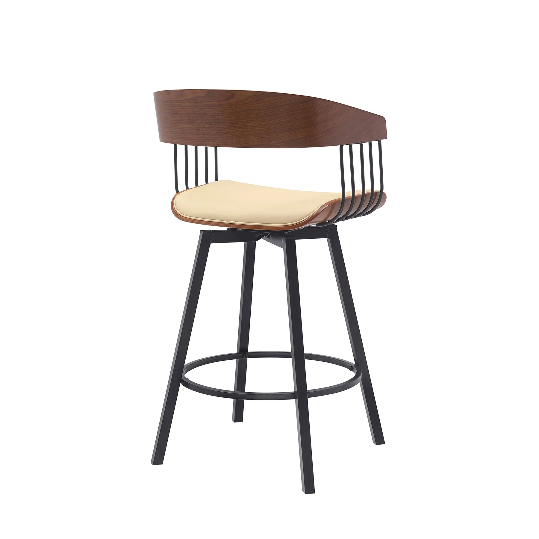 Athena 27" Swivel Walnut Wood Counter Stool in Cream Faux Leather with Black Metal - Image 3