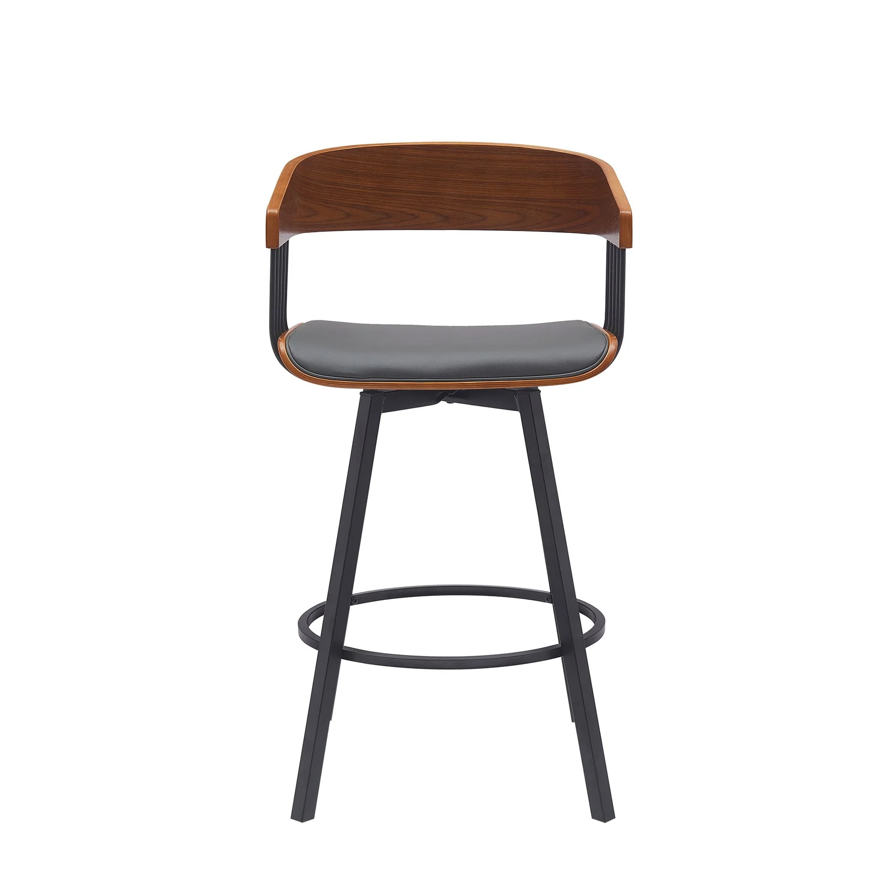 Athena 27" Swivel Walnut Wood Counter Stool in Gray Faux Leather with Black Metal - Image 2