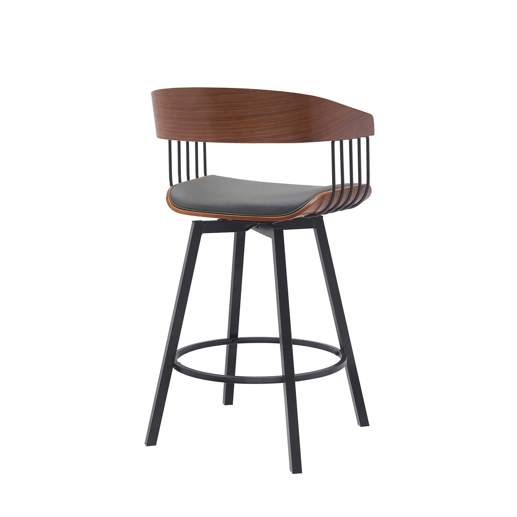 Athena 27" Swivel Walnut Wood Counter Stool in Gray Faux Leather with Black Metal - Image 3