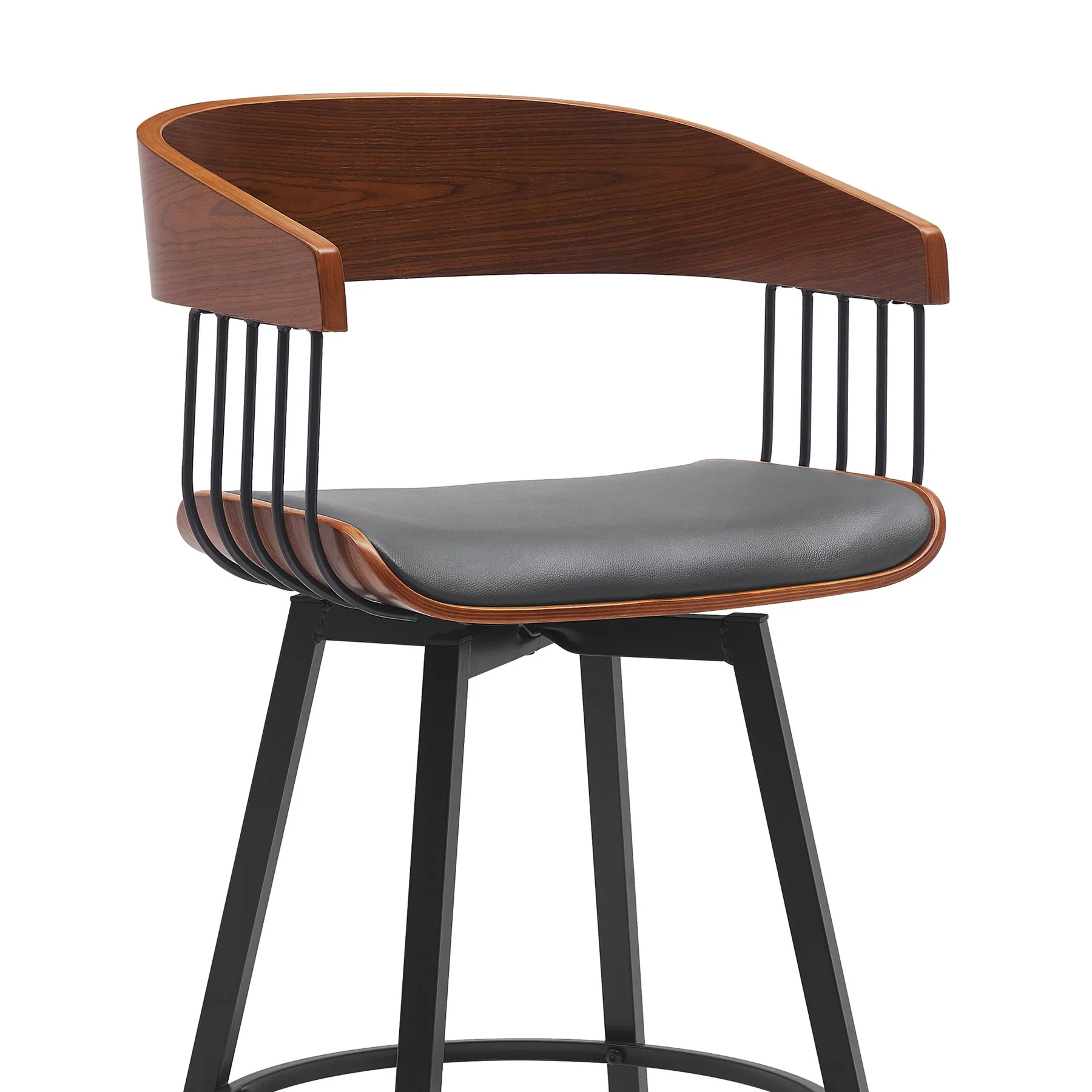 Athena 27" Swivel Walnut Wood Counter Stool in Gray Faux Leather with Black Metal - Image 4