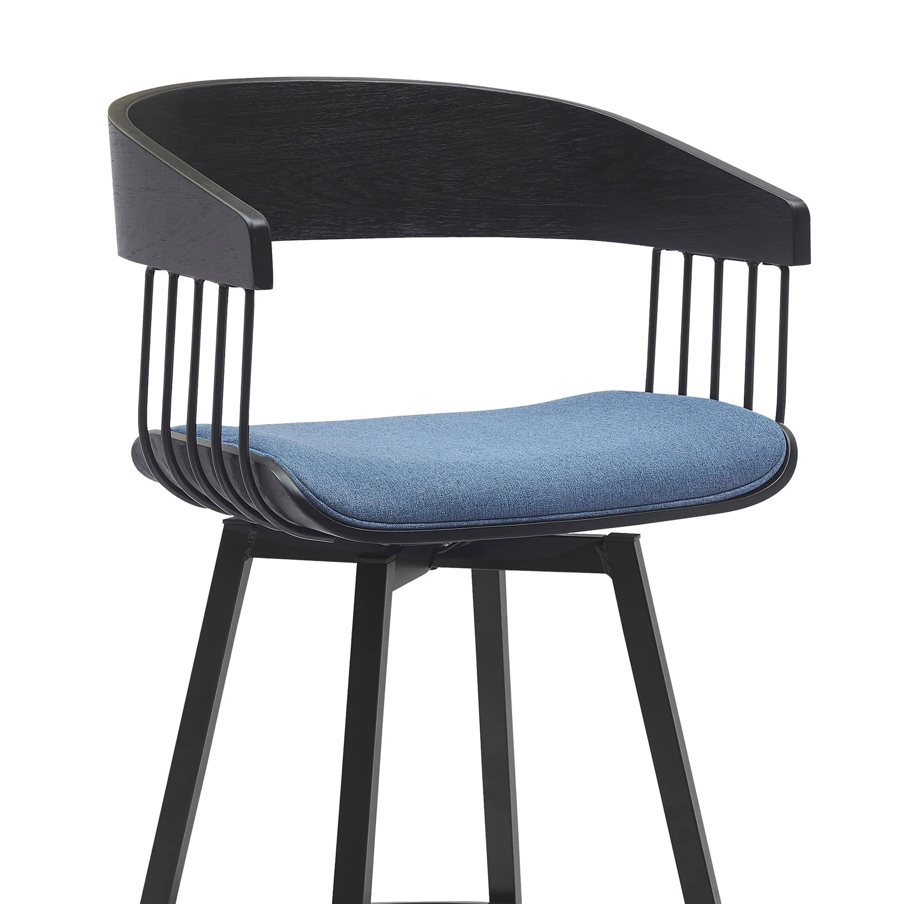 Athena 31" Swivel Black Wood Bar Stool in Blue Fabric with Black Metal - Image 4