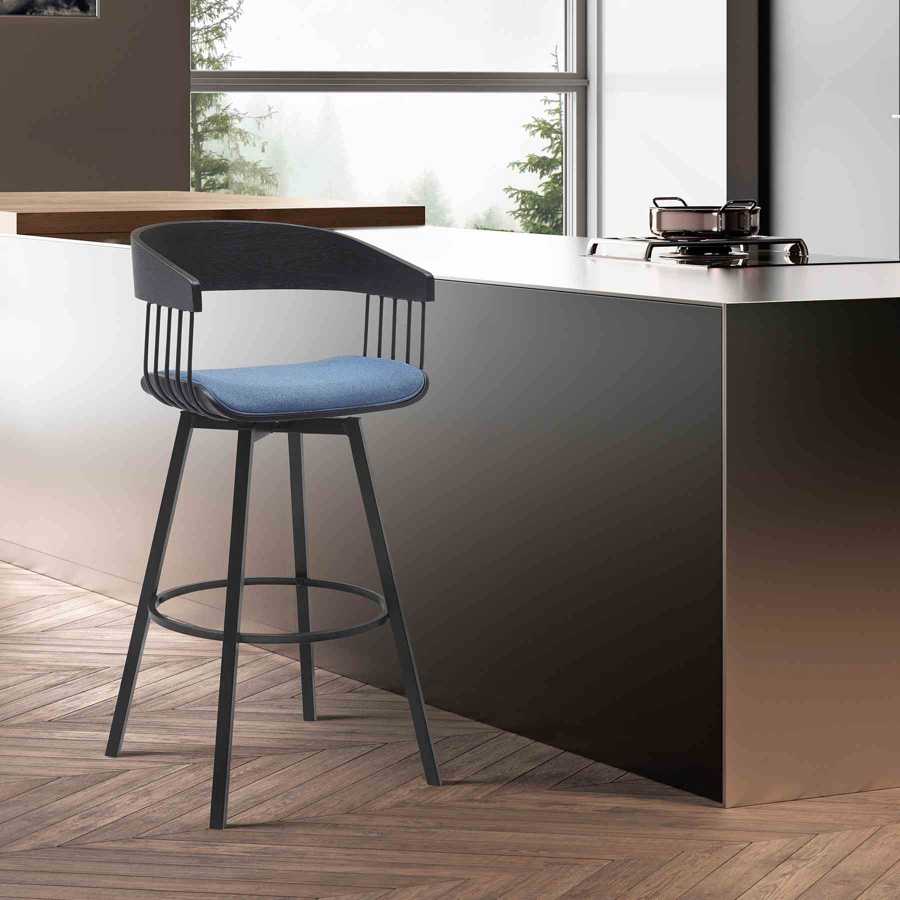 Athena 31" Swivel Black Wood Bar Stool in Blue Fabric with Black Metal - Image 8
