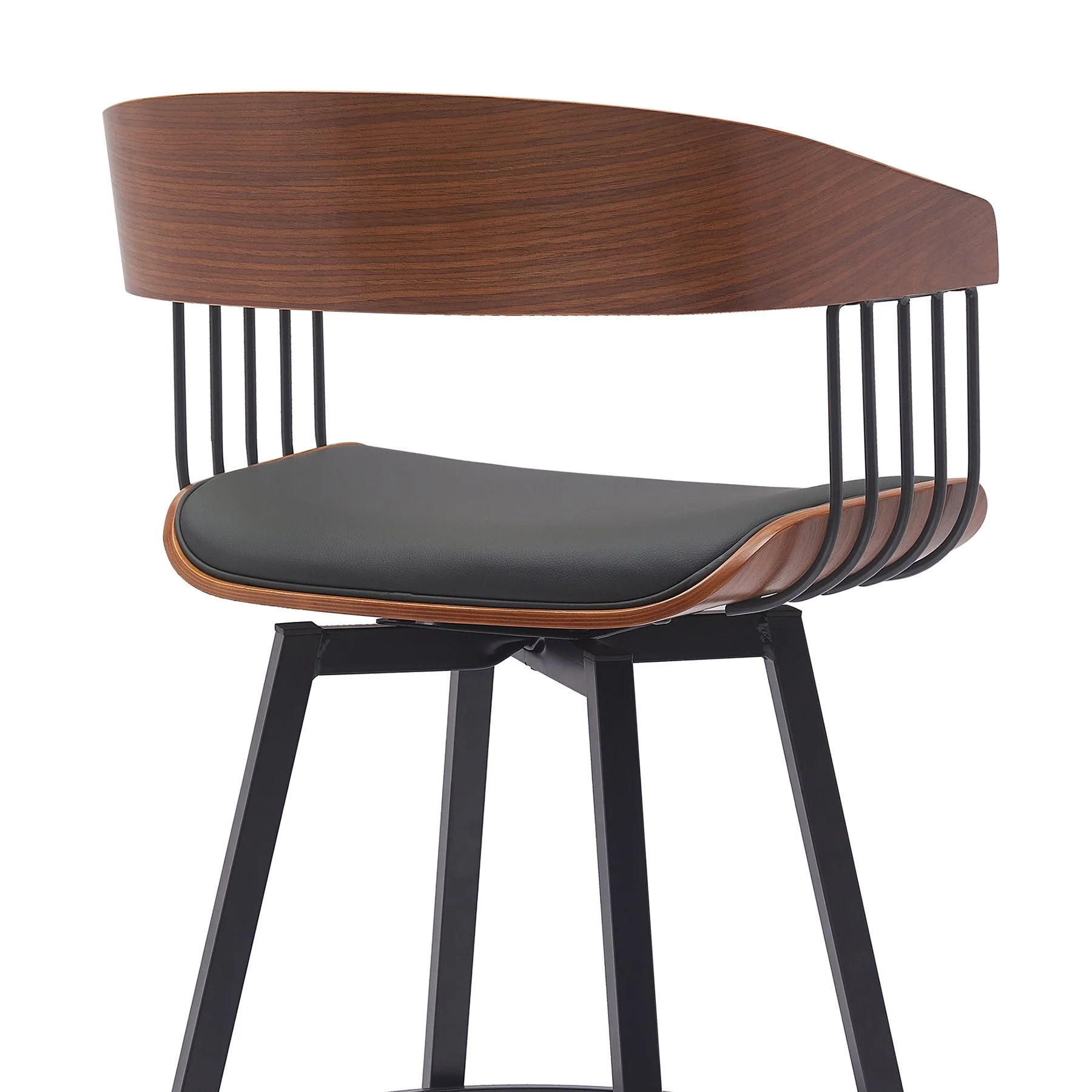 Athena 31" Swivel Walnut Wood Bar Stool in Black Faux Leather with Black Metal - Image 5