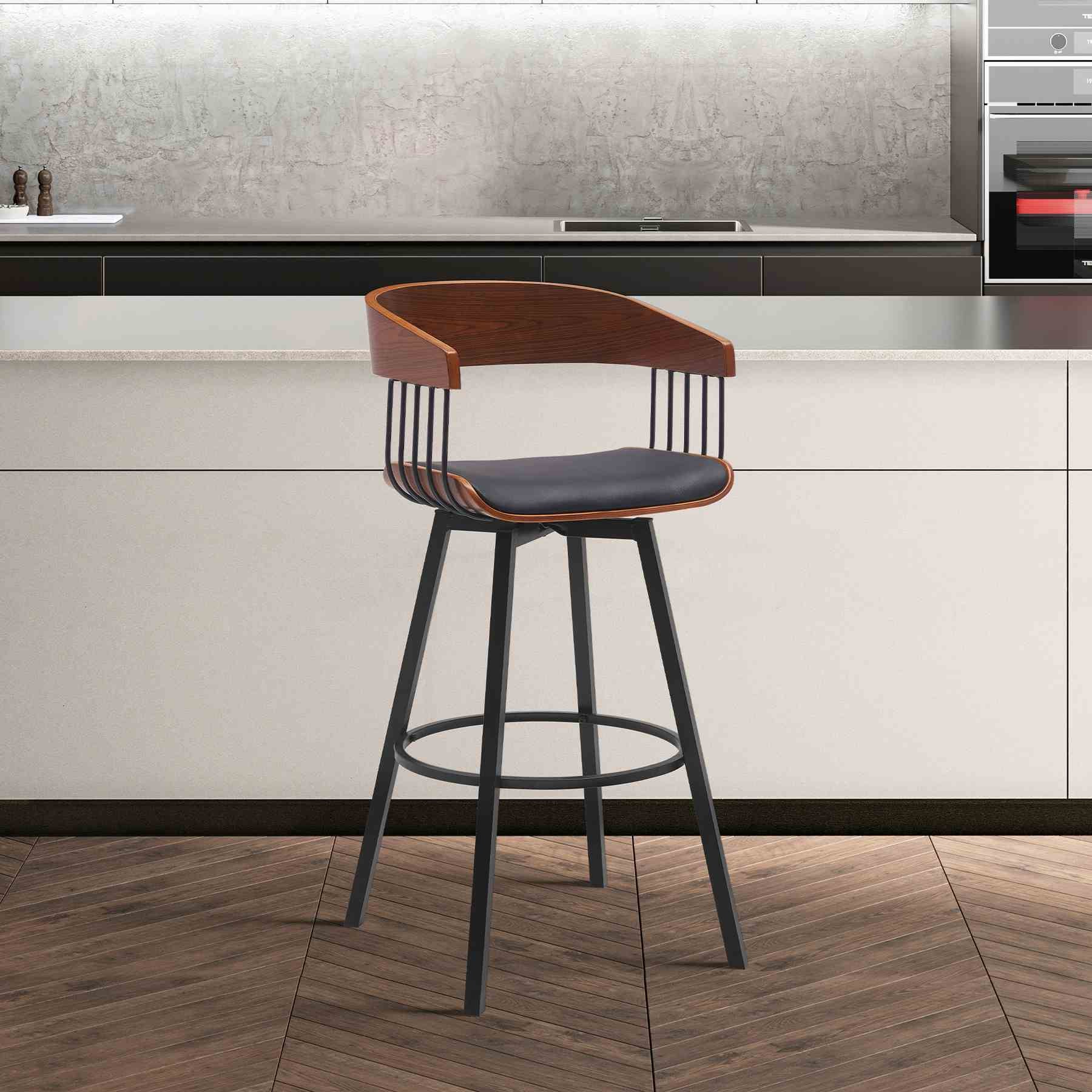 Athena 31" Swivel Walnut Wood Bar Stool in Black Faux Leather with Black Metal - Image 9