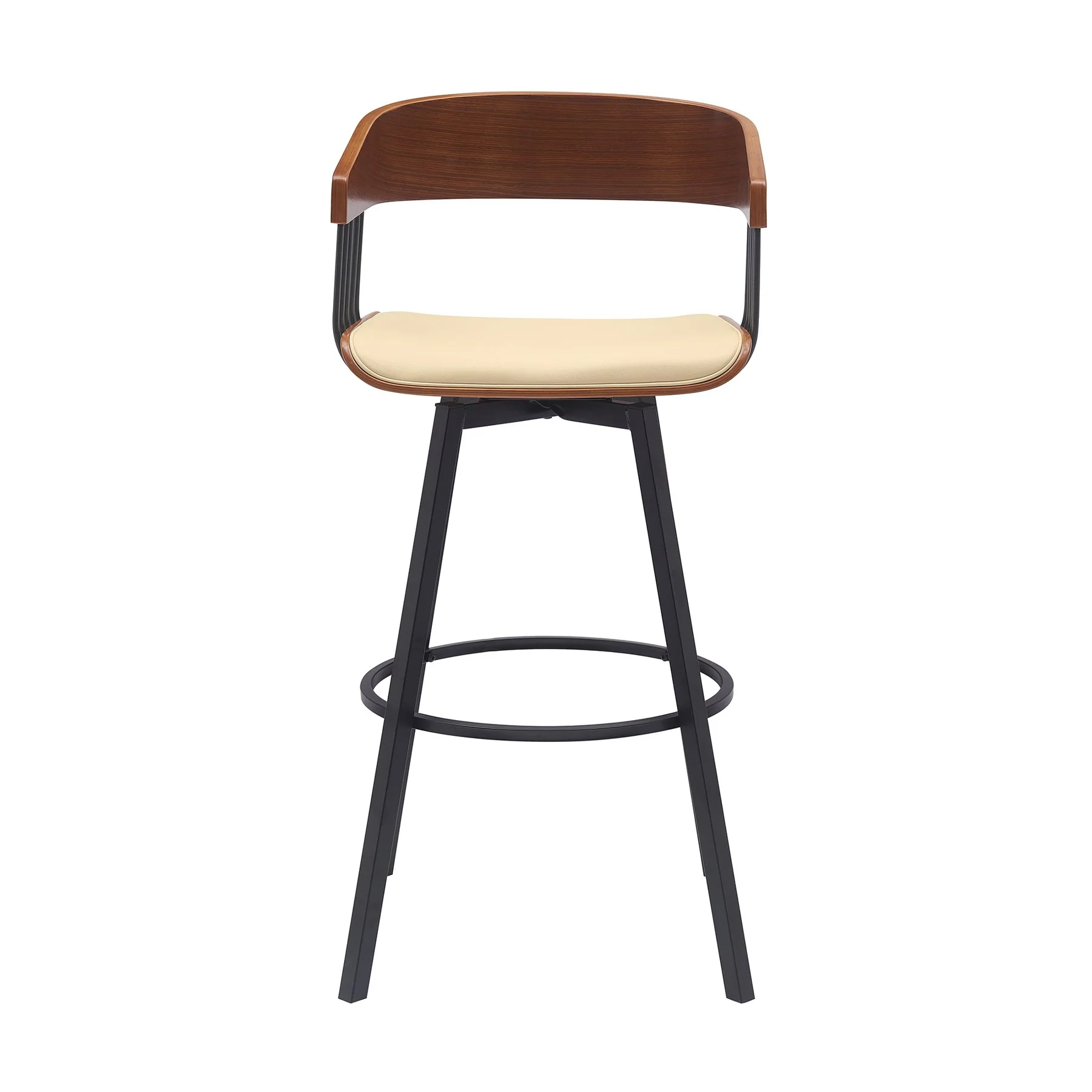 Athena 31" Swivel Walnut Wood Bar Stool in Cream Faux Leather with Black Metal - Image 2