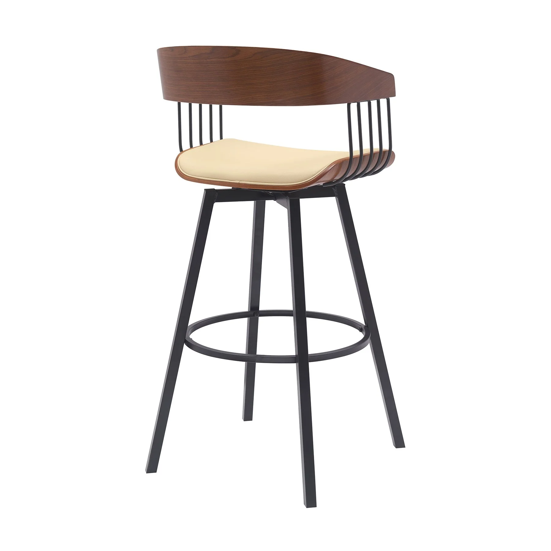 Athena 31" Swivel Walnut Wood Bar Stool in Cream Faux Leather with Black Metal - Image 3
