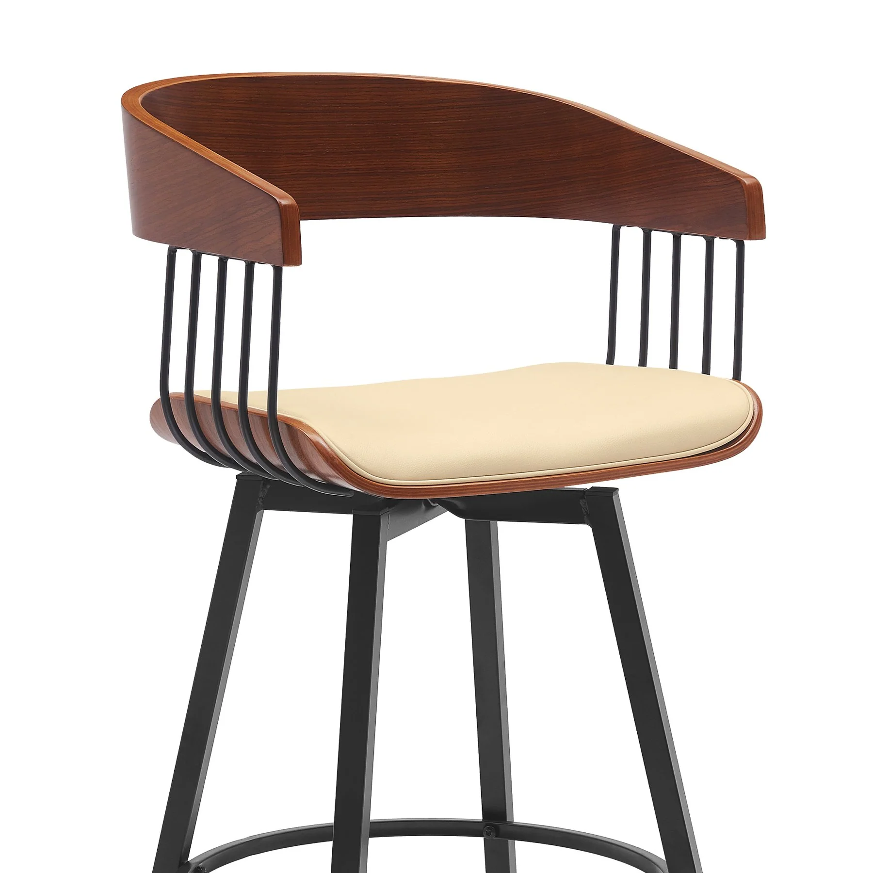 Athena 31" Swivel Walnut Wood Bar Stool in Cream Faux Leather with Black Metal - Image 4