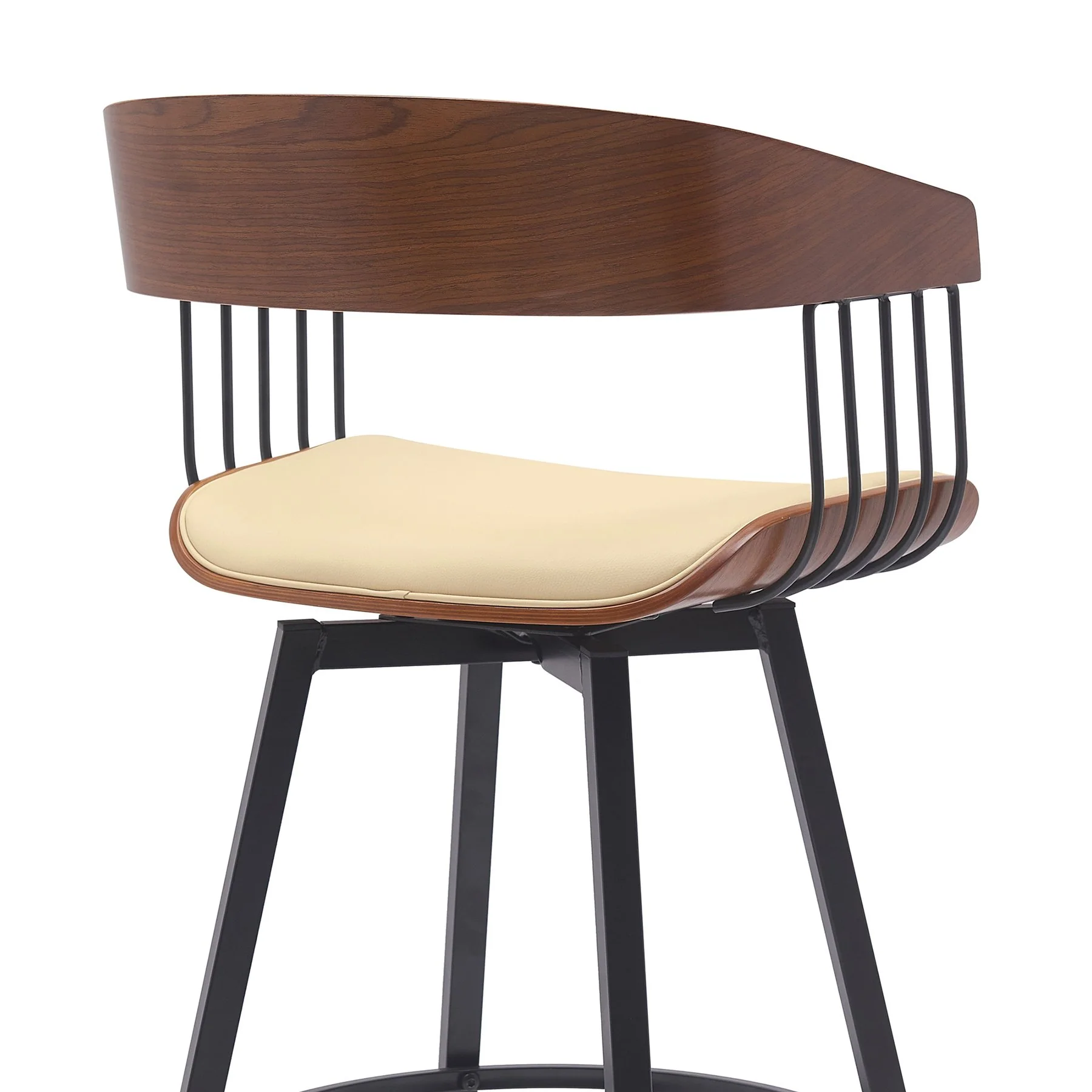 Athena 31" Swivel Walnut Wood Bar Stool in Cream Faux Leather with Black Metal - Image 5