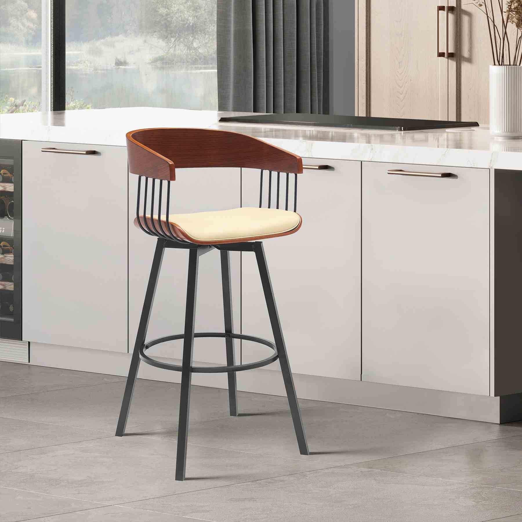 Athena 31" Swivel Walnut Wood Bar Stool in Cream Faux Leather with Black Metal - Image 9