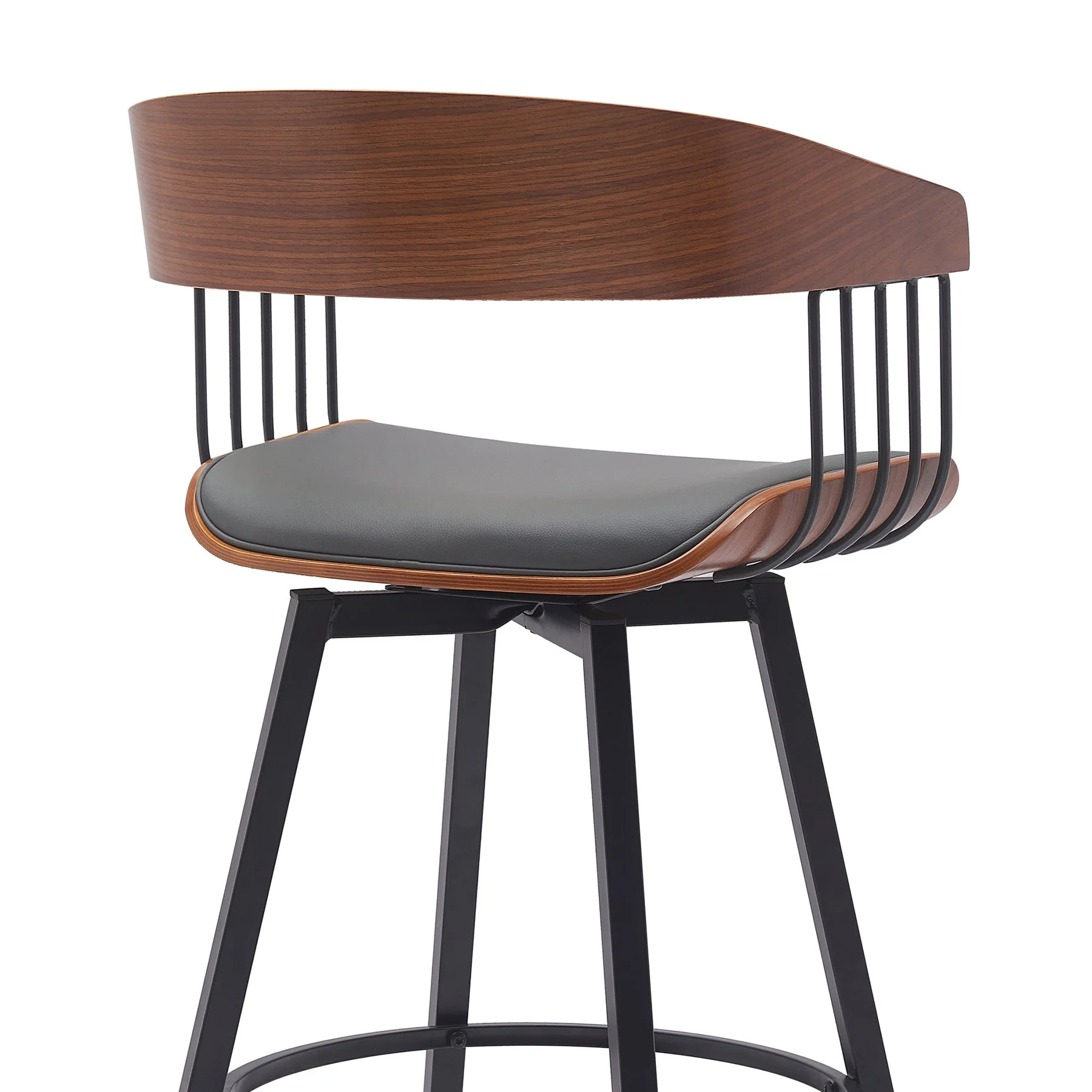 Athena 31" Swivel Walnut Wood Bar Stool in Gray Faux Leather with Black Metal - Image 5