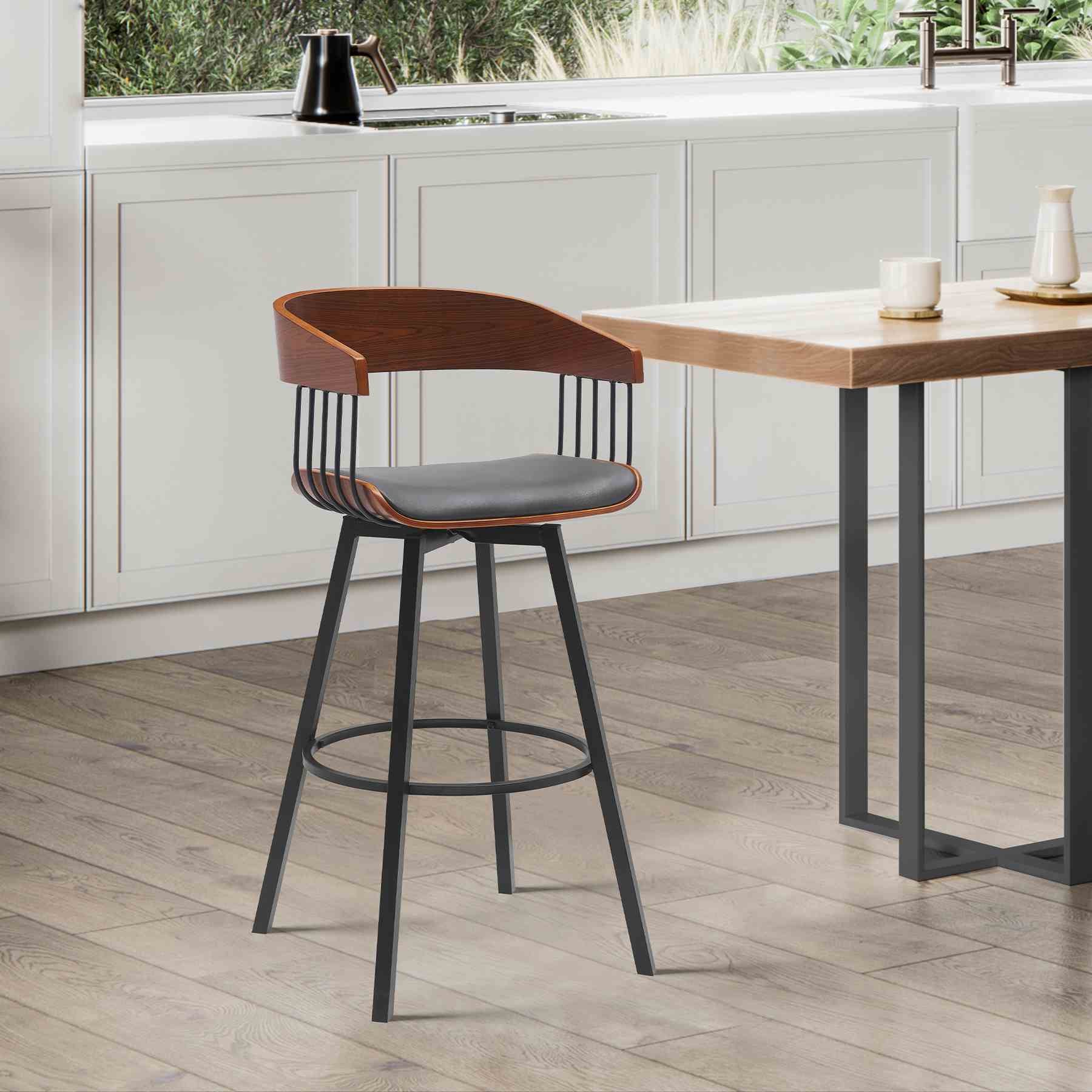 Athena 31" Swivel Walnut Wood Bar Stool in Gray Faux Leather with Black Metal - Image 9