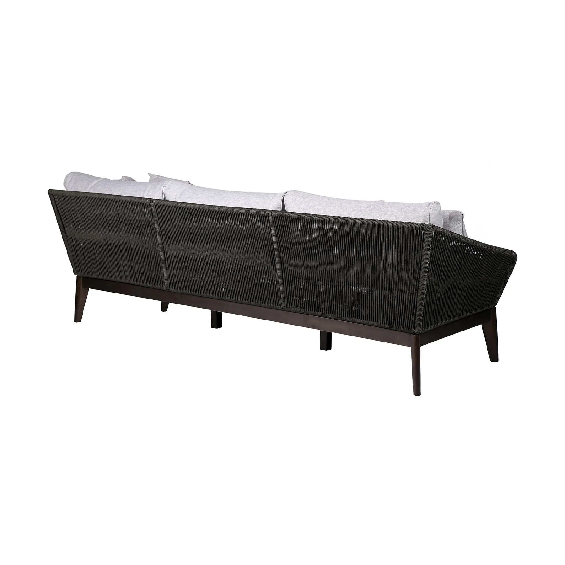 Athos Indoor Outdoor 3 Seater Sofa in Dark Eucalyptus Wood with Charcoal Rope and Gray Cushions - Image 2