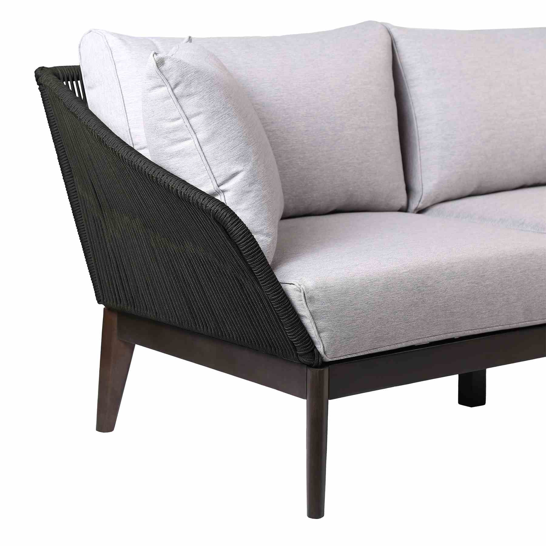 Athos Indoor Outdoor 3 Seater Sofa in Dark Eucalyptus Wood with Charcoal Rope and Gray Cushions - Image 3