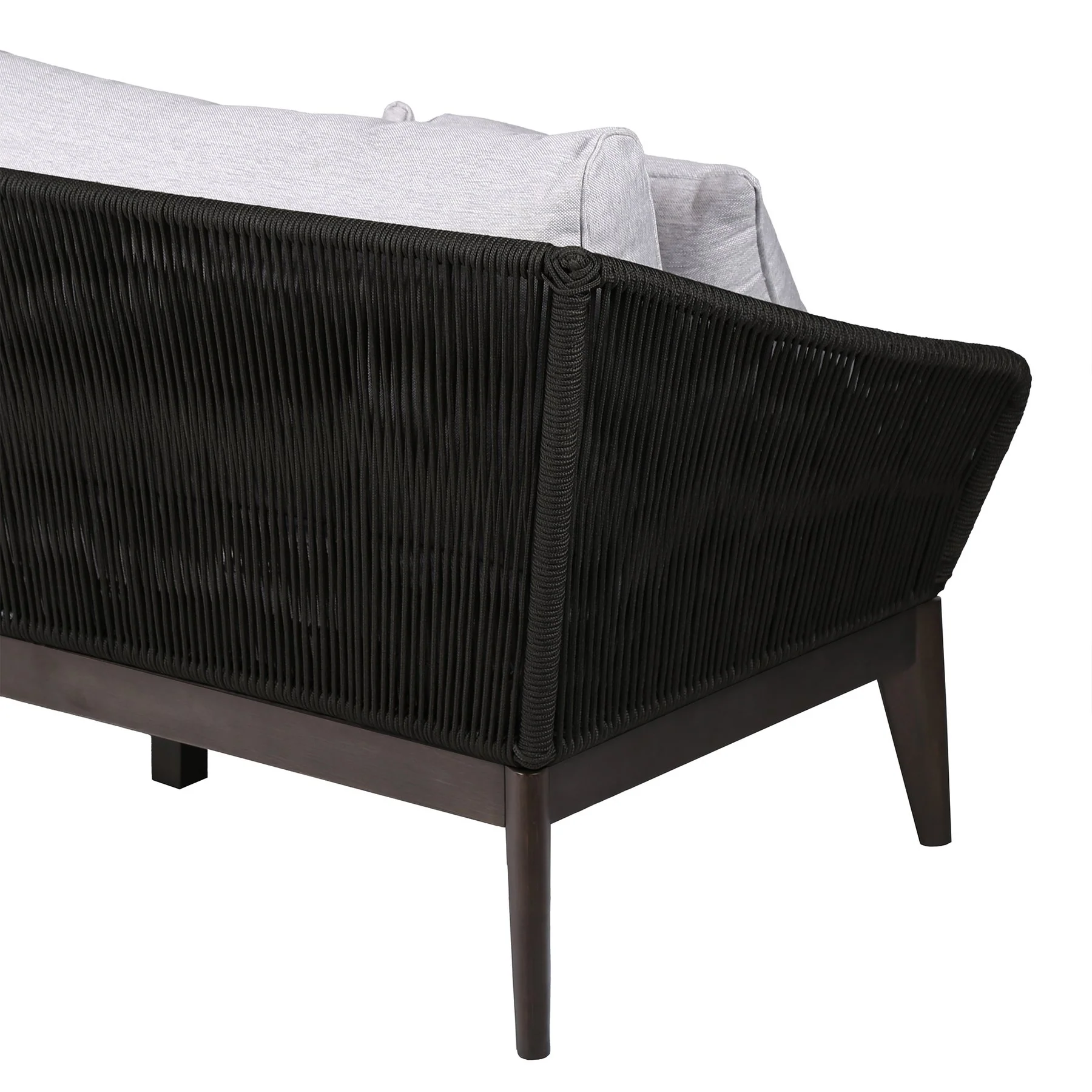 Athos Indoor Outdoor 3 Seater Sofa in Dark Eucalyptus Wood with Charcoal Rope and Gray Cushions - Image 4