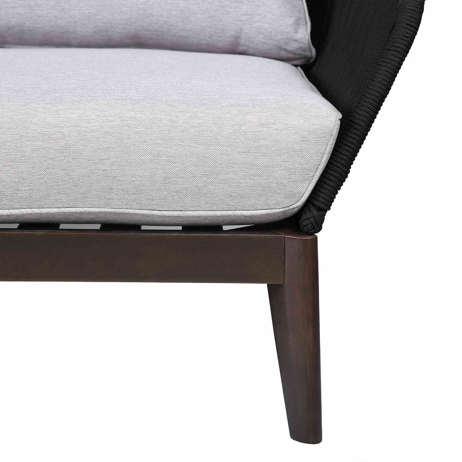 Athos Indoor Outdoor 3 Seater Sofa in Dark Eucalyptus Wood with Charcoal Rope and Gray Cushions - Image 6