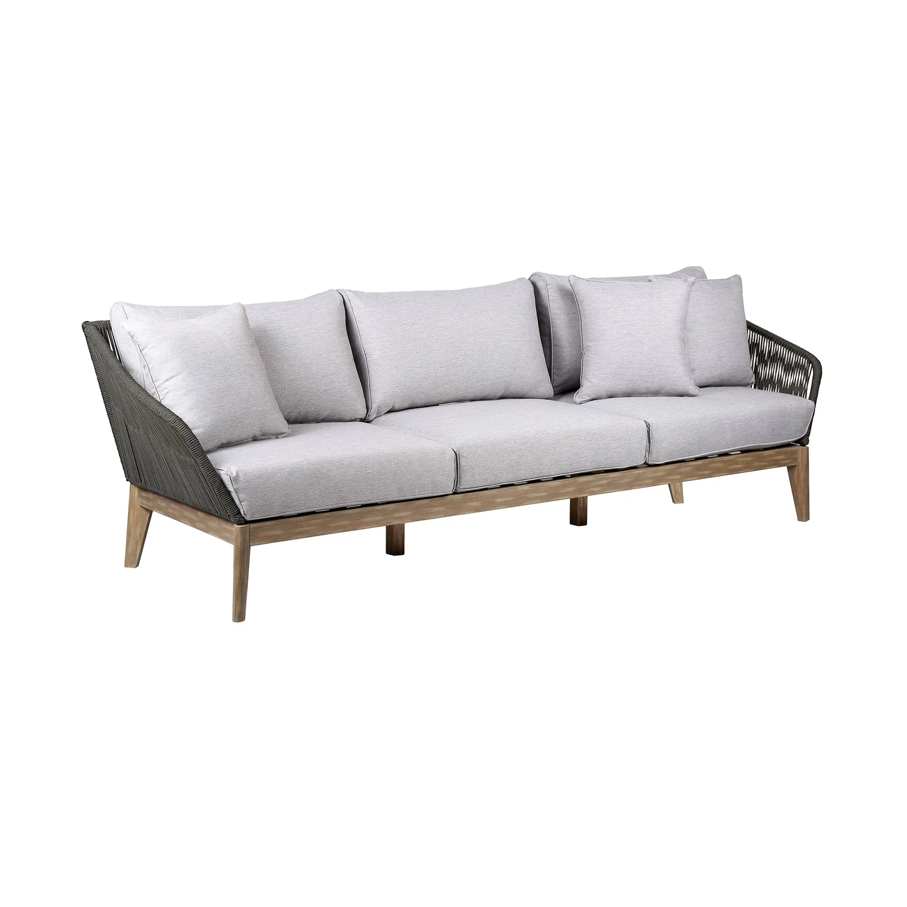 Athos Indoor Outdoor 3 Seater Sofa in Light Eucalyptus Wood with Charcoal Rope and Gray Cushions - Image 2