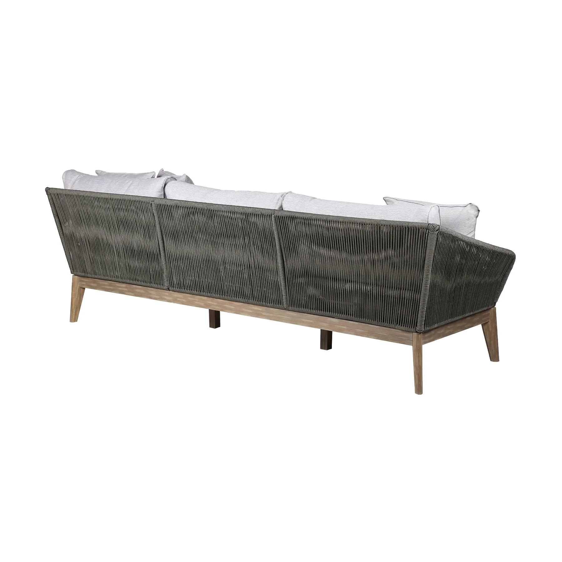 Athos Indoor Outdoor 3 Seater Sofa in Light Eucalyptus Wood with Charcoal Rope and Gray Cushions - Image 3