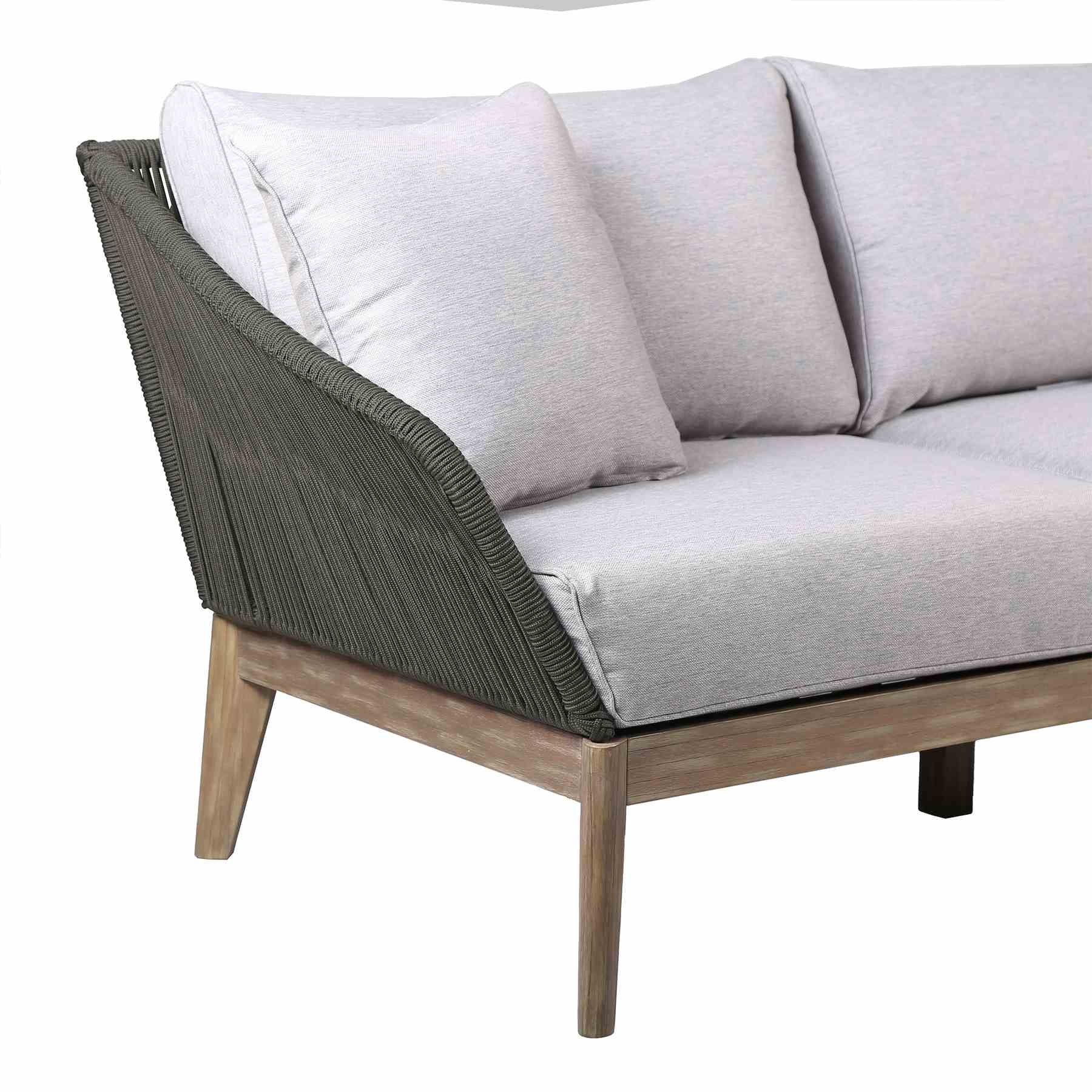 Athos Indoor Outdoor 3 Seater Sofa in Light Eucalyptus Wood with Charcoal Rope and Gray Cushions - Image 4