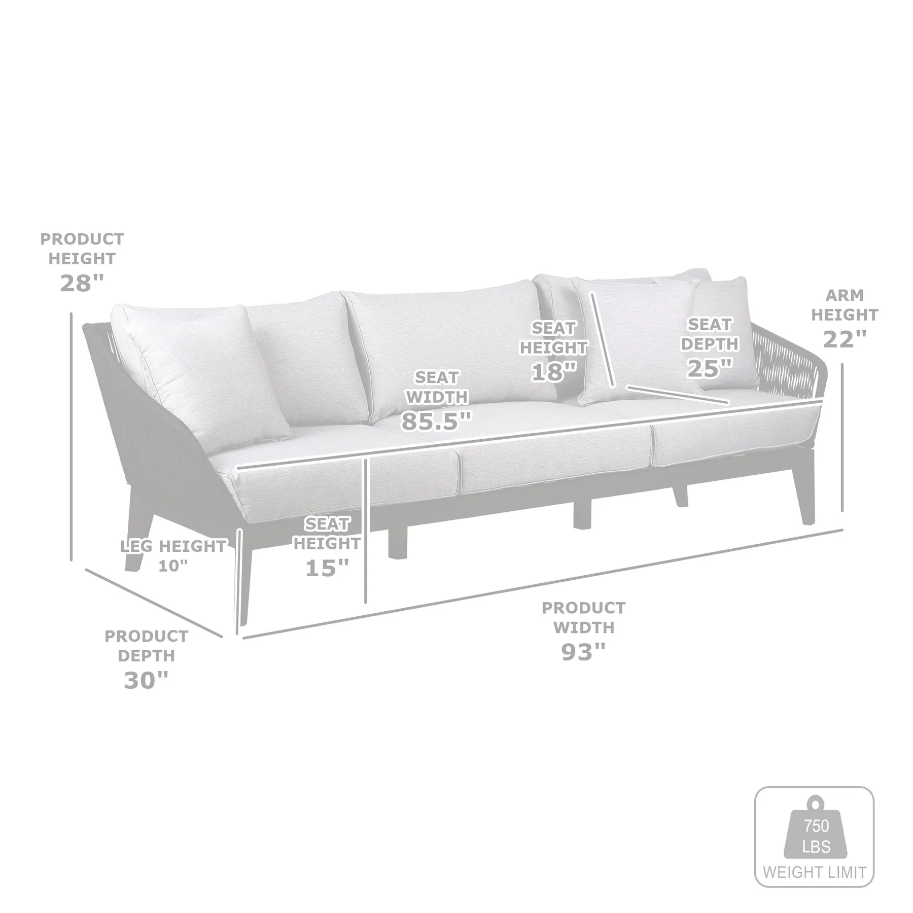 Athos Indoor Outdoor 3 Seater Sofa in Light Eucalyptus Wood with Charcoal Rope and Gray Cushions - Image 7