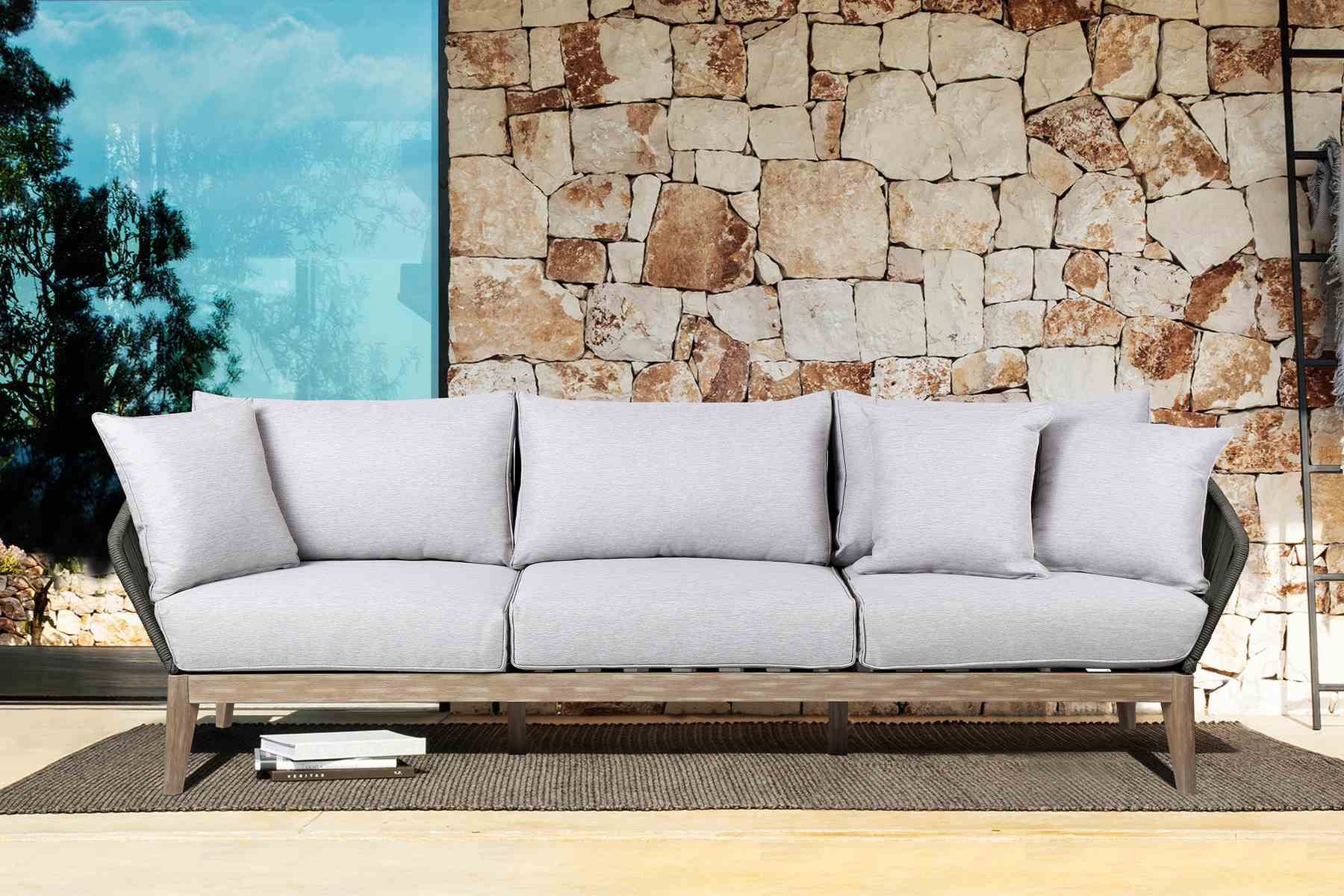 Athos Indoor Outdoor 3 Seater Sofa in Light Eucalyptus Wood with Charcoal Rope and Gray Cushions - Image 8