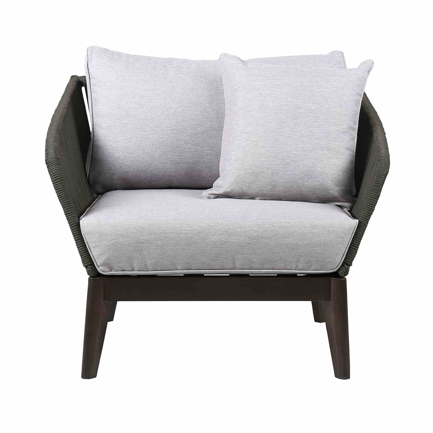 Athos Indoor Outdoor Club Chair in Dark Eucalyptus Wood with Charcoal Rope and Gray Cushions - Image 2